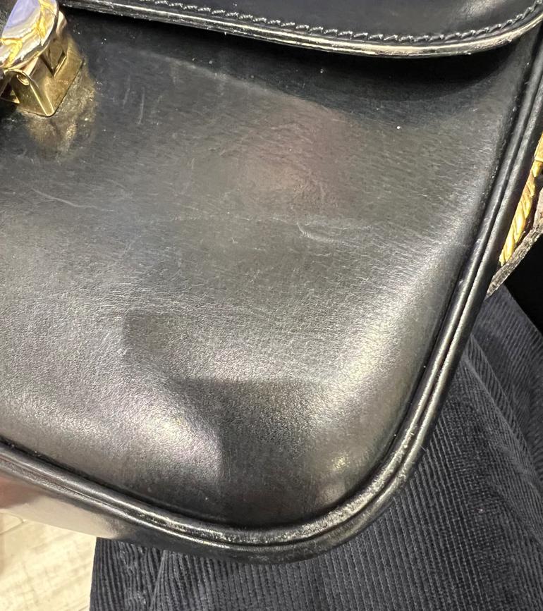 Black leather shoulder bag with gold metal hardware Céline Circa 1970's For Sale 2