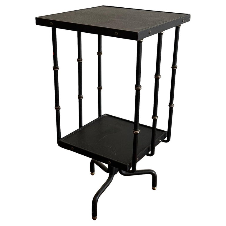 Jacques Adnet Metal, Leather and Wood Side Table on Casters Jacques Adnet Metal, Leather and Wood Side Table on Casters