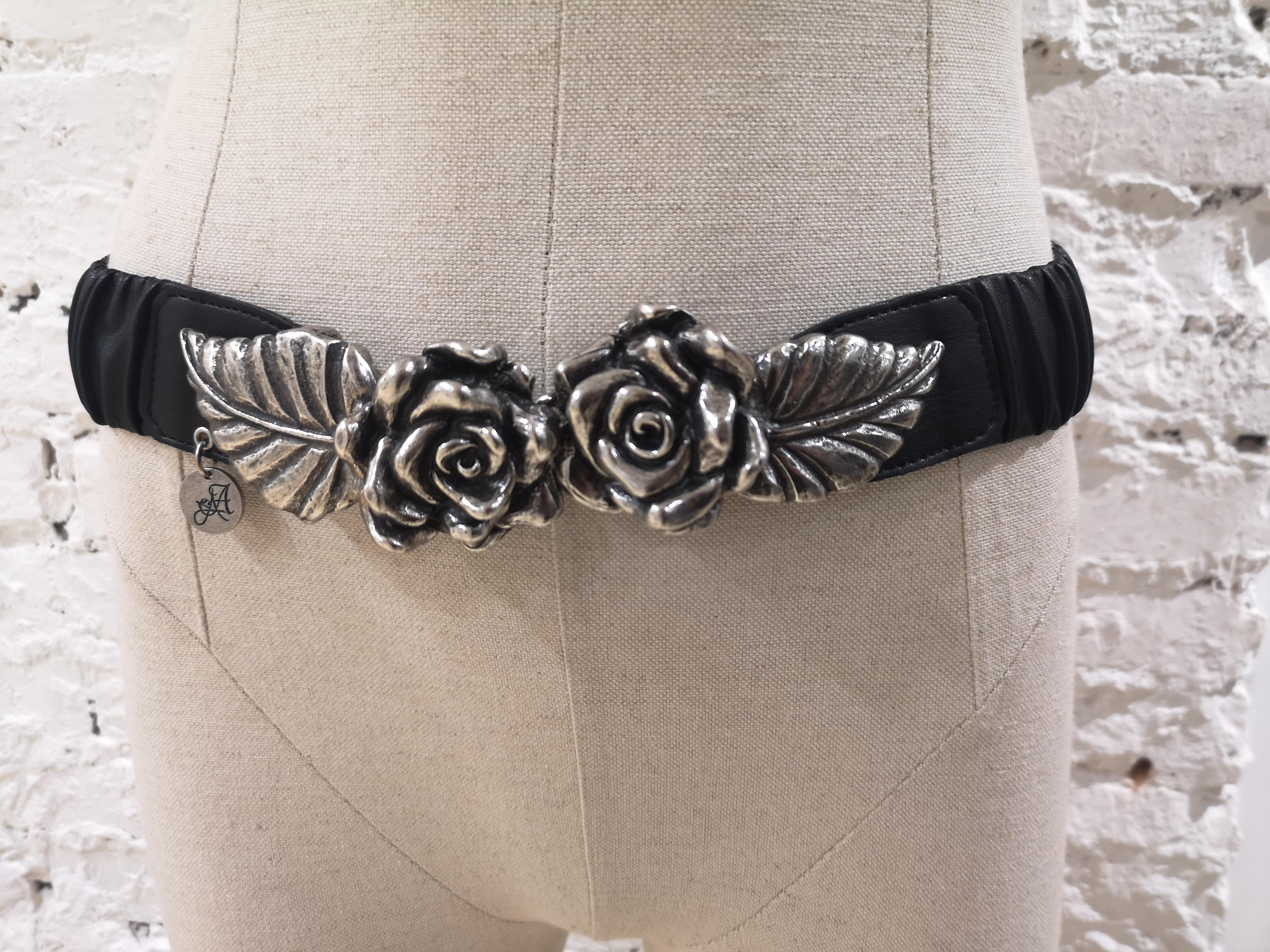 Black leather silver roses elastic belt 6