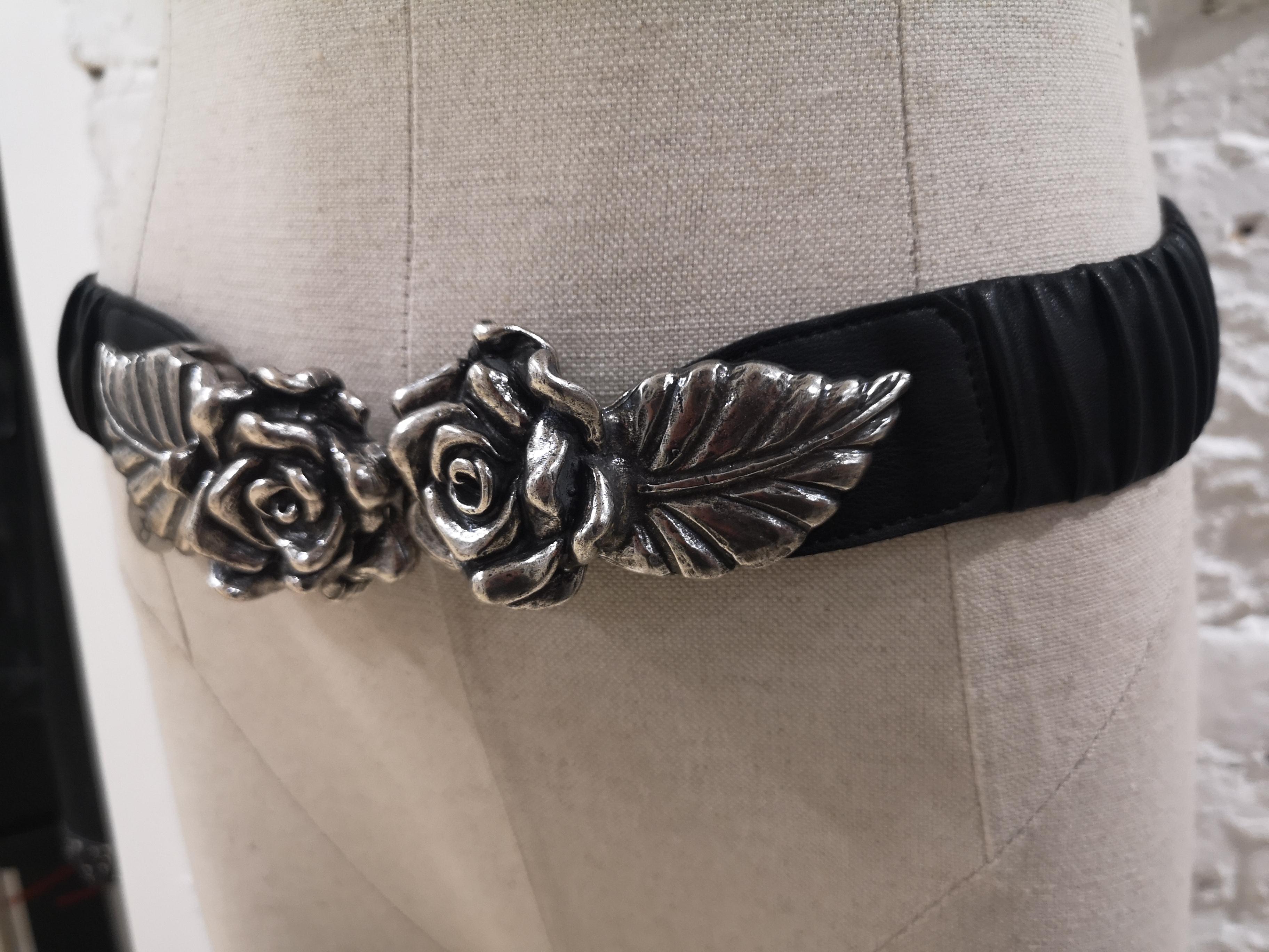 Black leather silver roses elastic belt 7