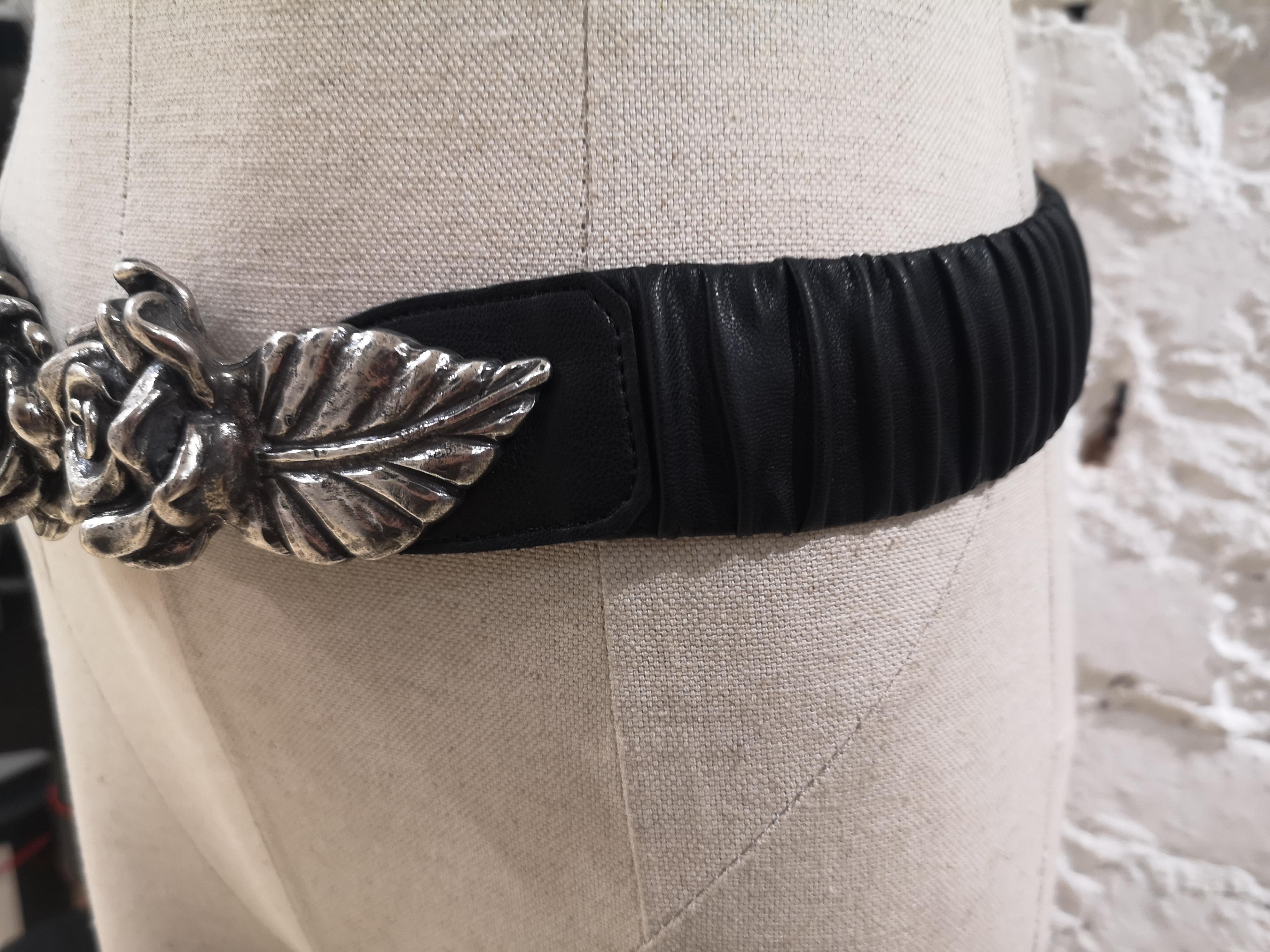 Black leather silver roses elastic belt 8