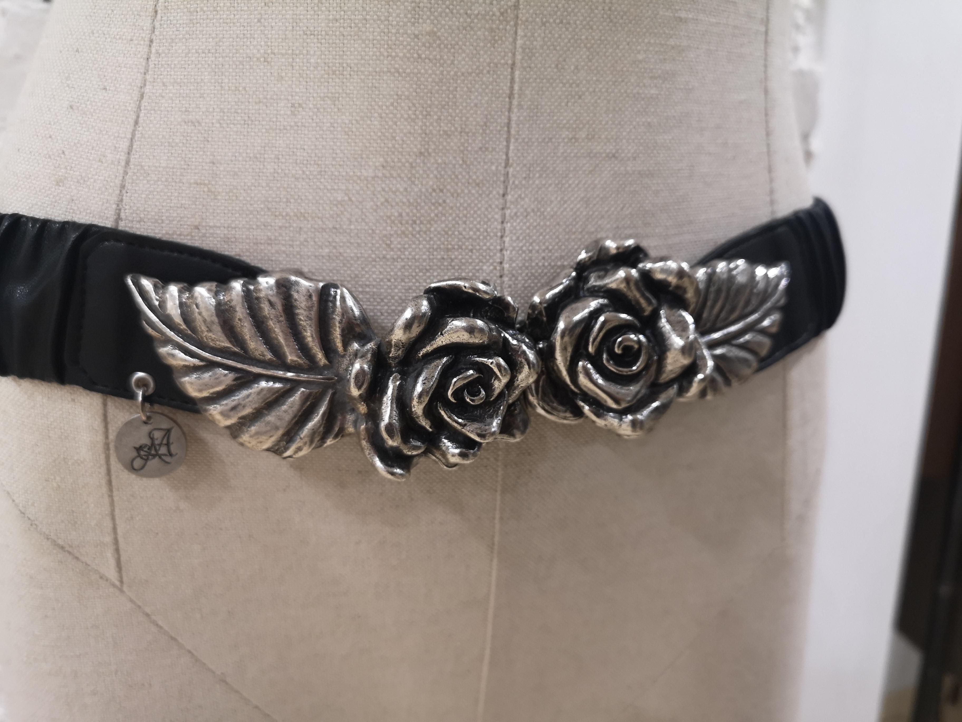 Black leather silver roses elastic belt 11