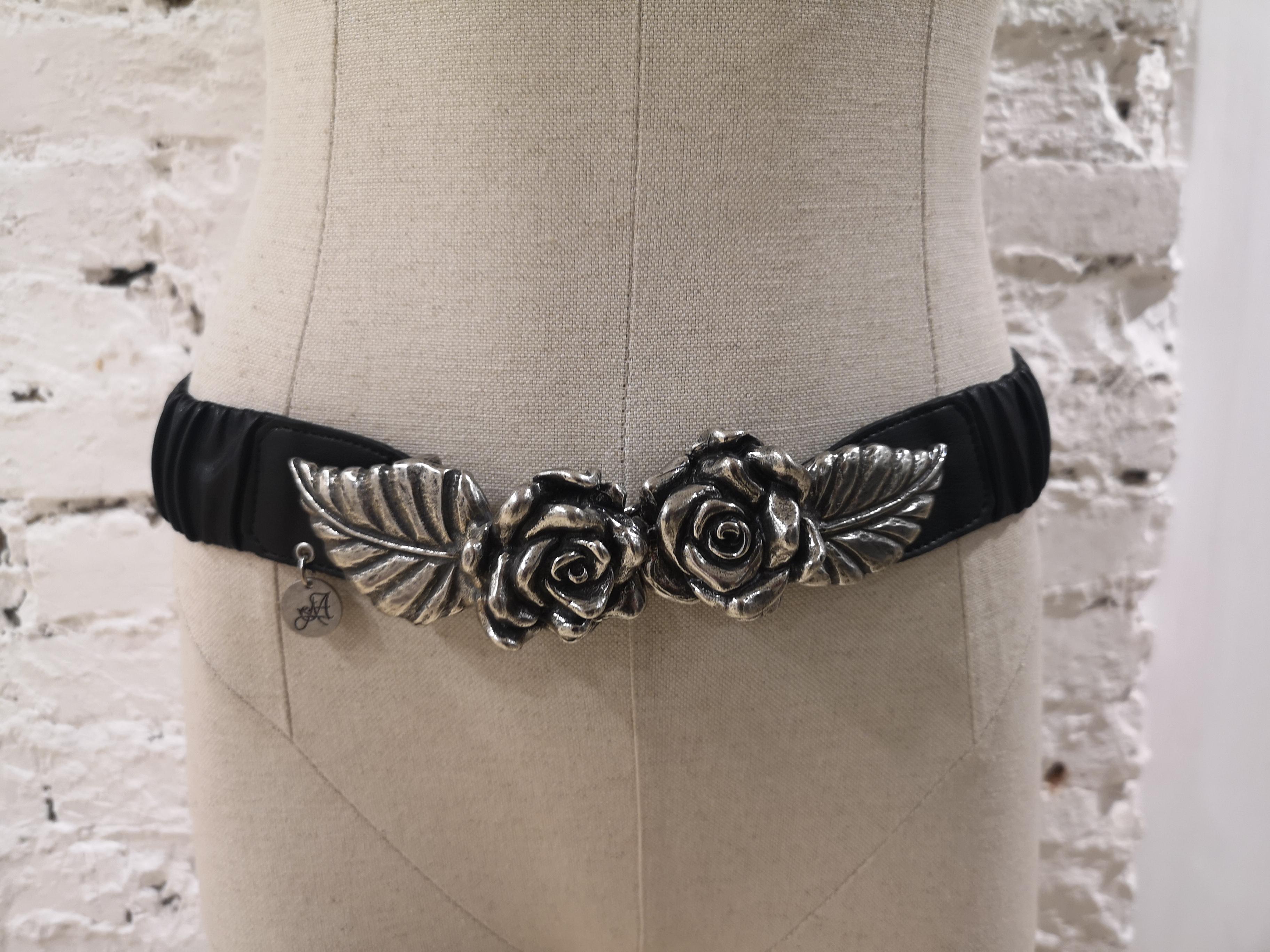 Black leather silver roses elastic belt 12