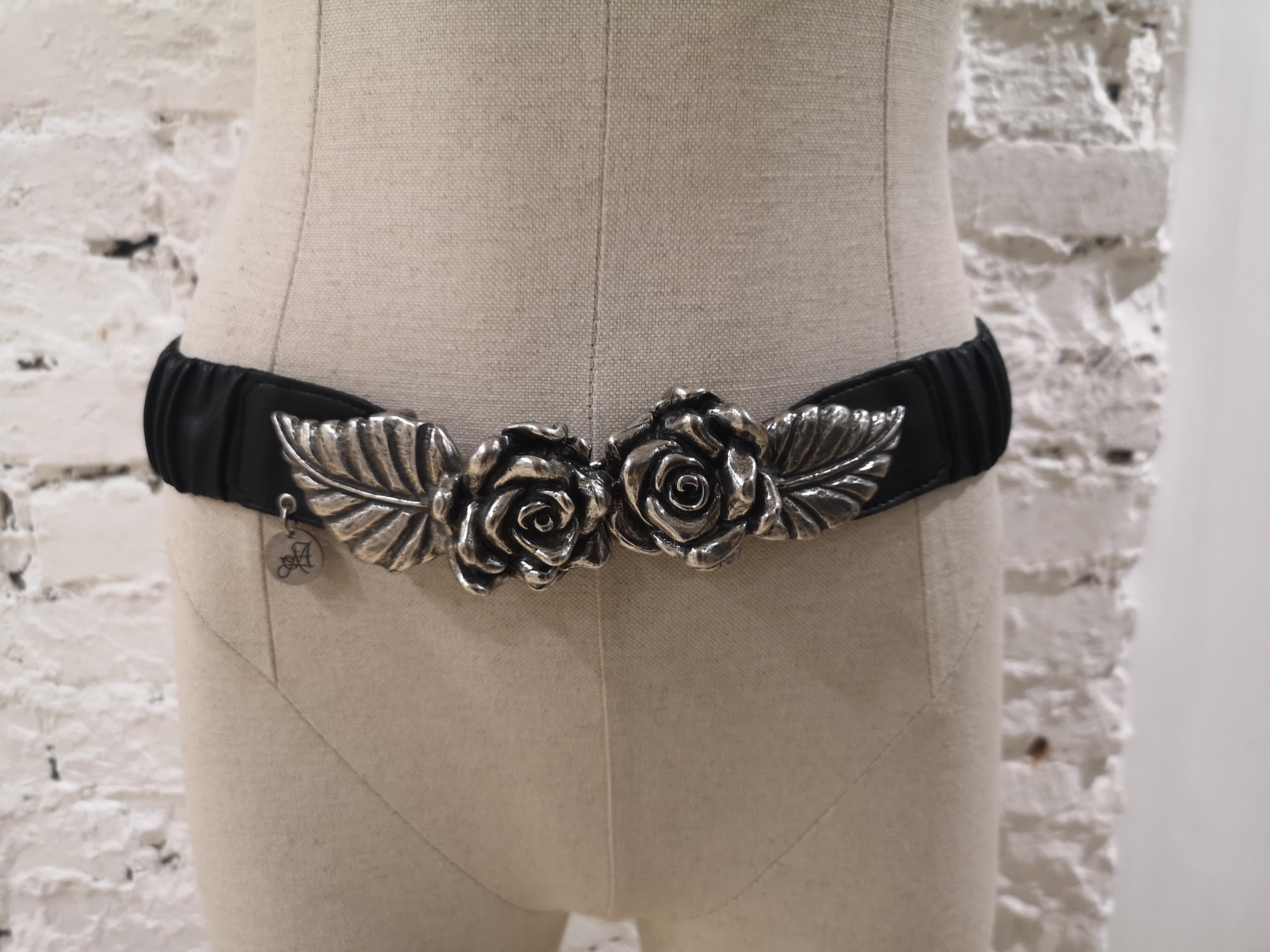 Black leather silver roses elastic belt 13