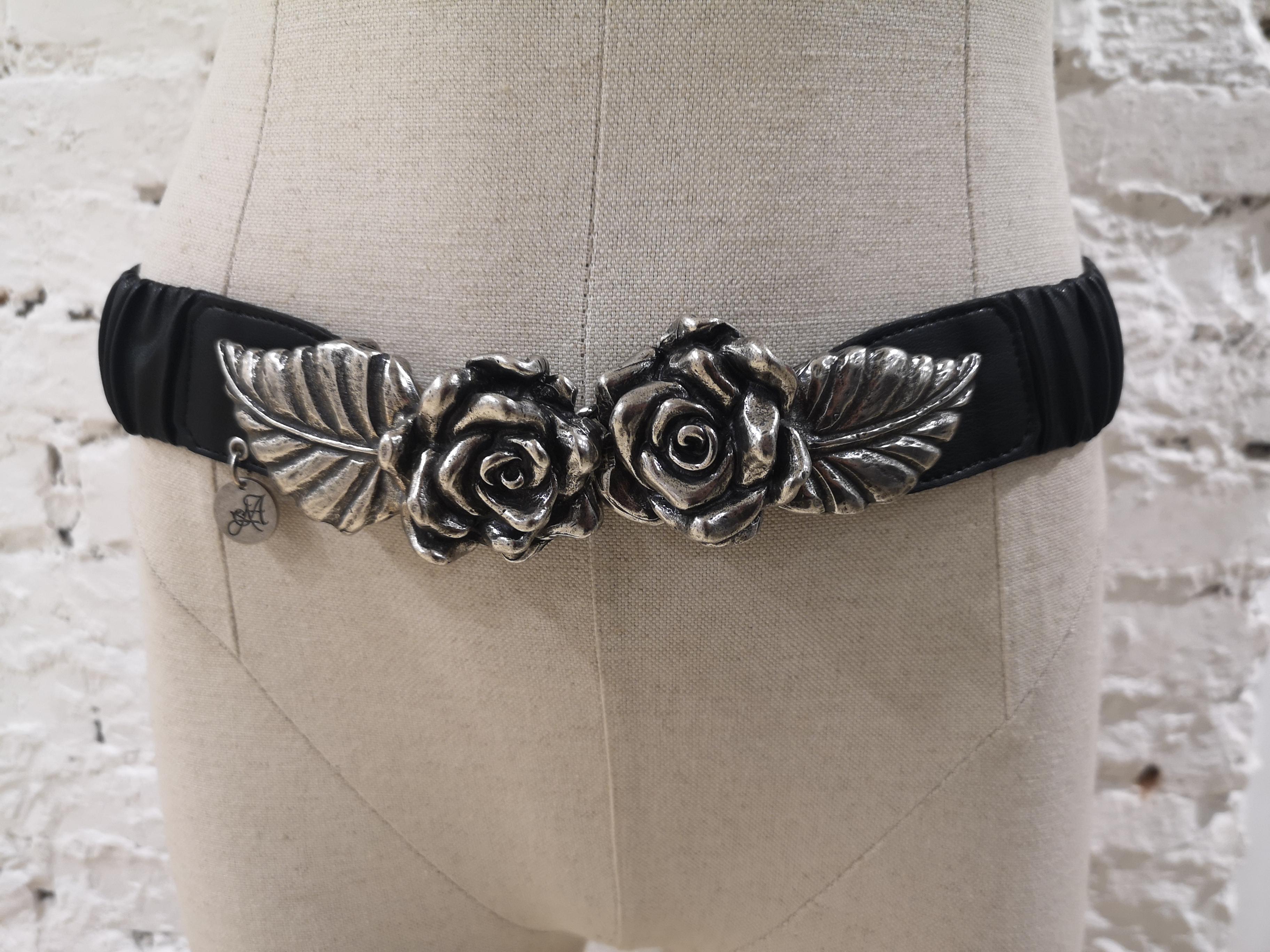 Women's Black leather silver roses elastic belt