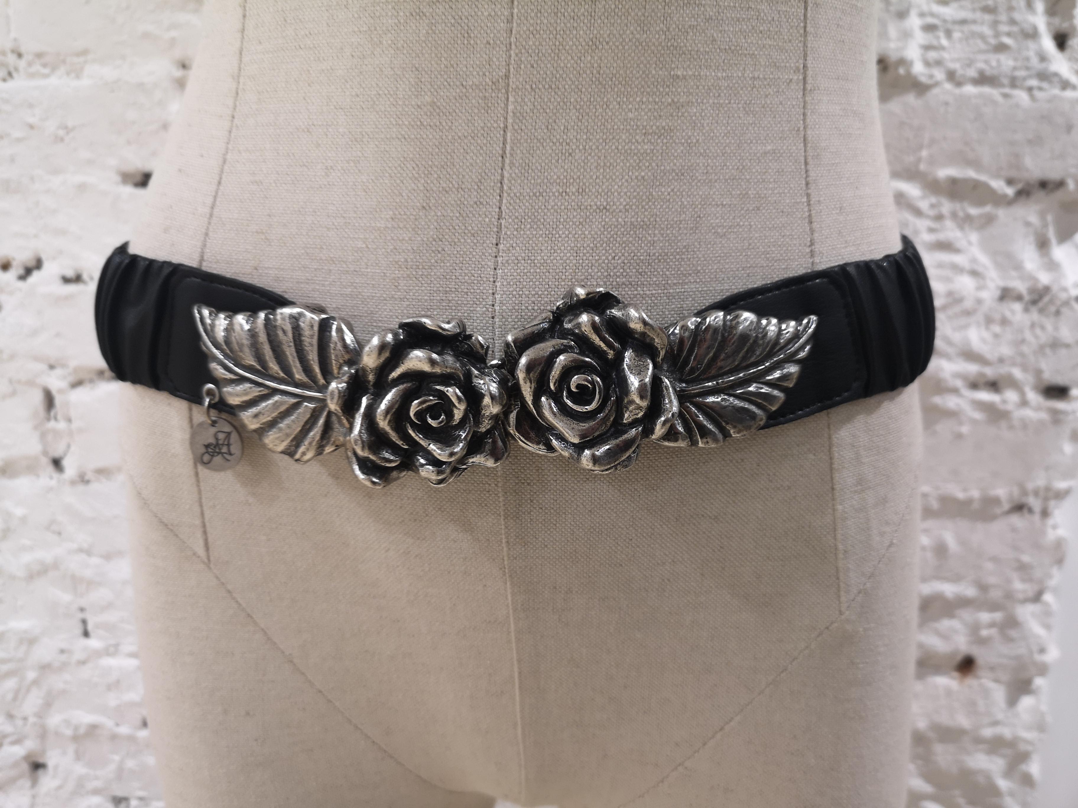 Black leather silver roses elastic belt 1