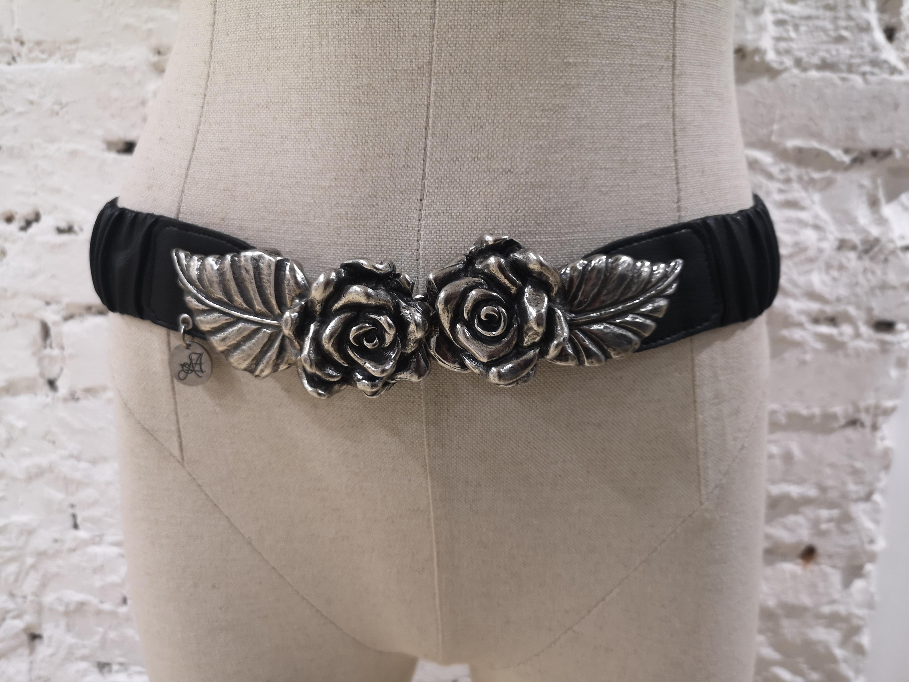 Black leather silver roses elastic belt 2