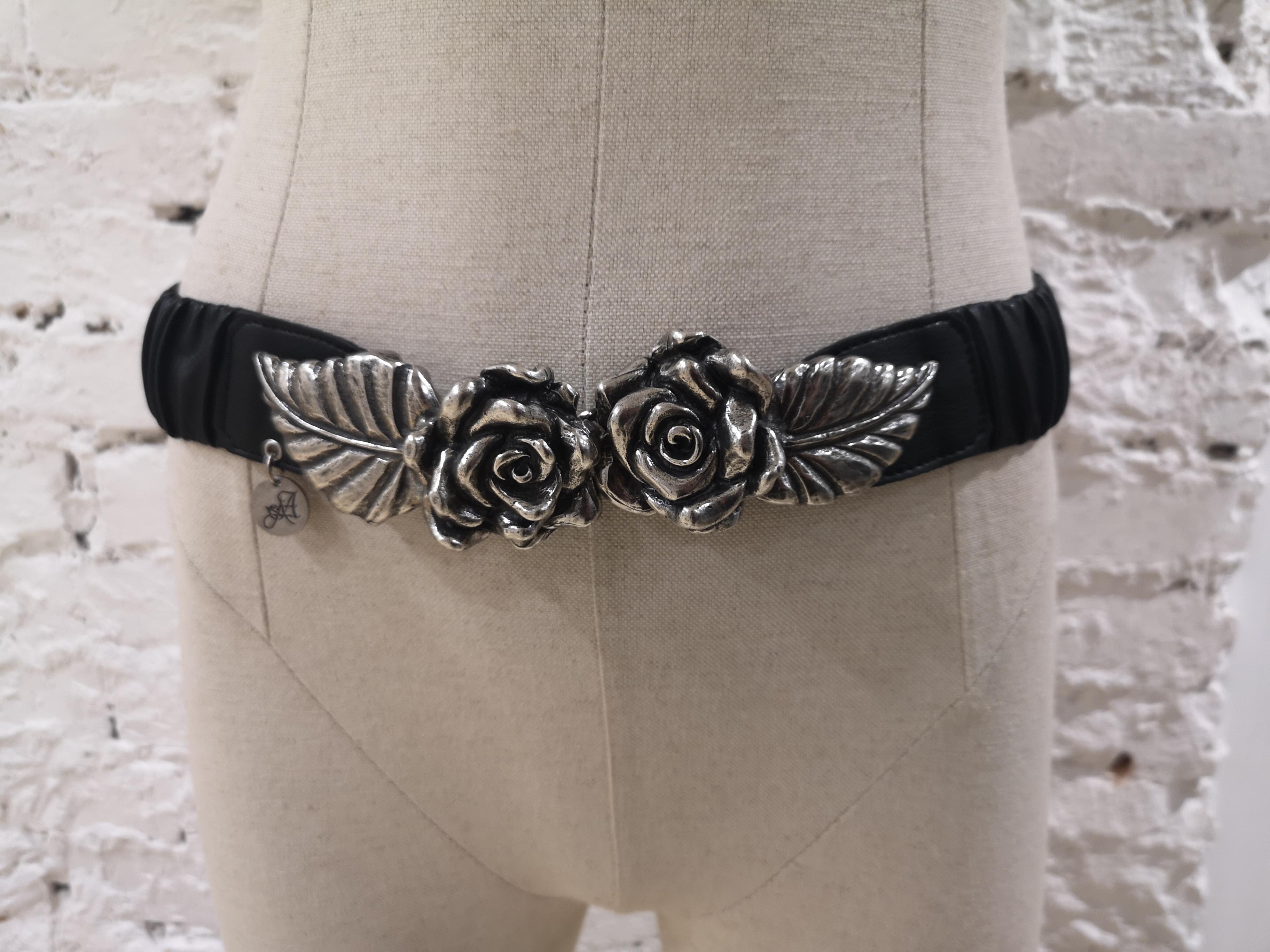 Black leather silver roses elastic belt 3