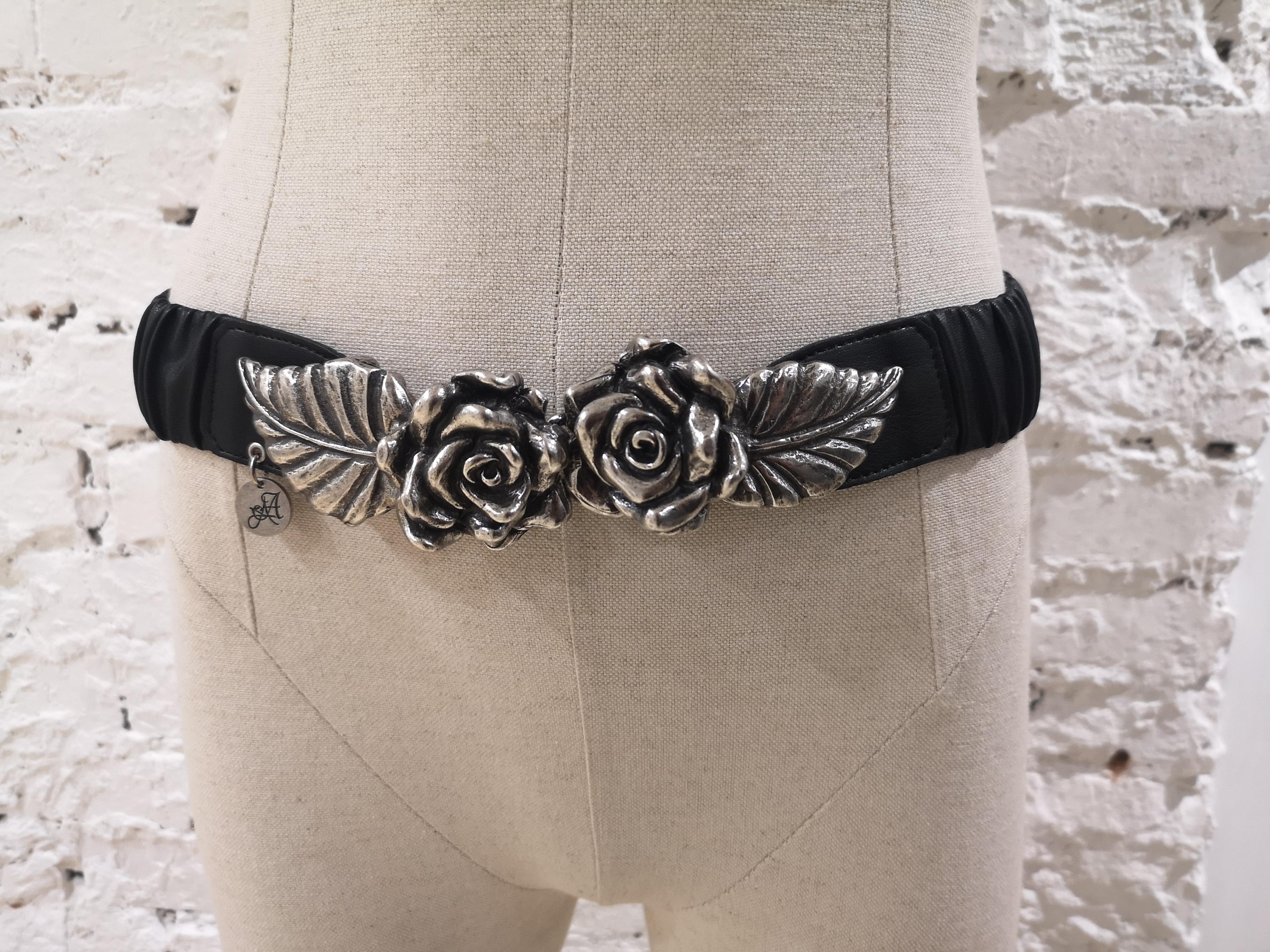 Black leather silver roses elastic belt 4