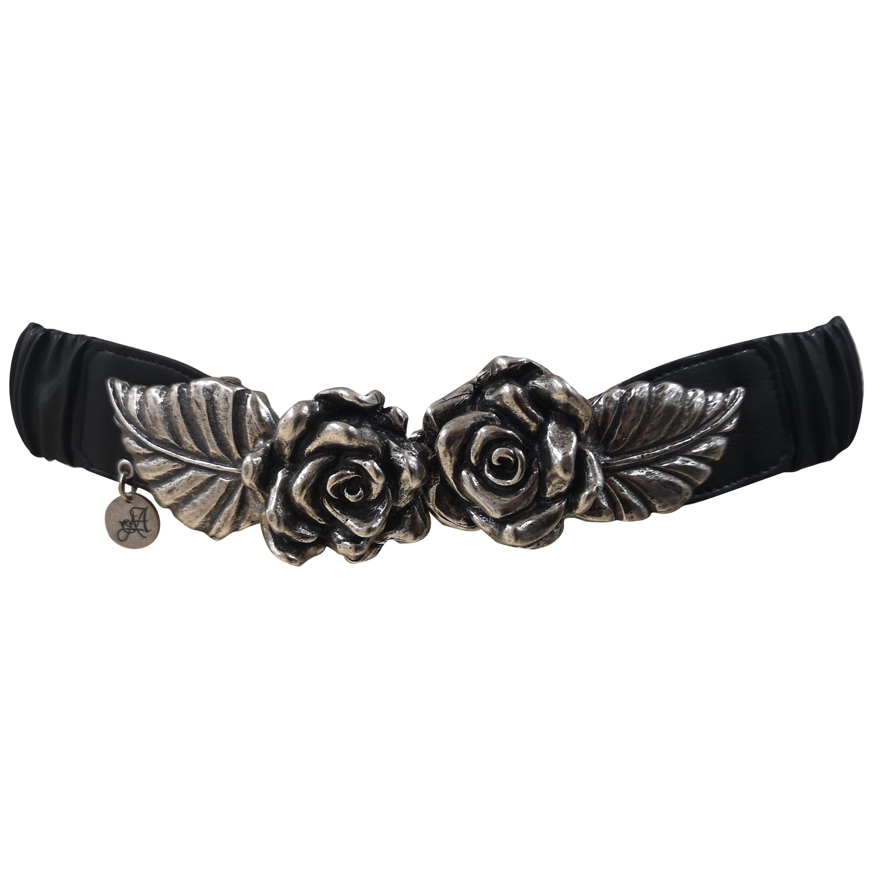 Black leather silver roses elastic belt