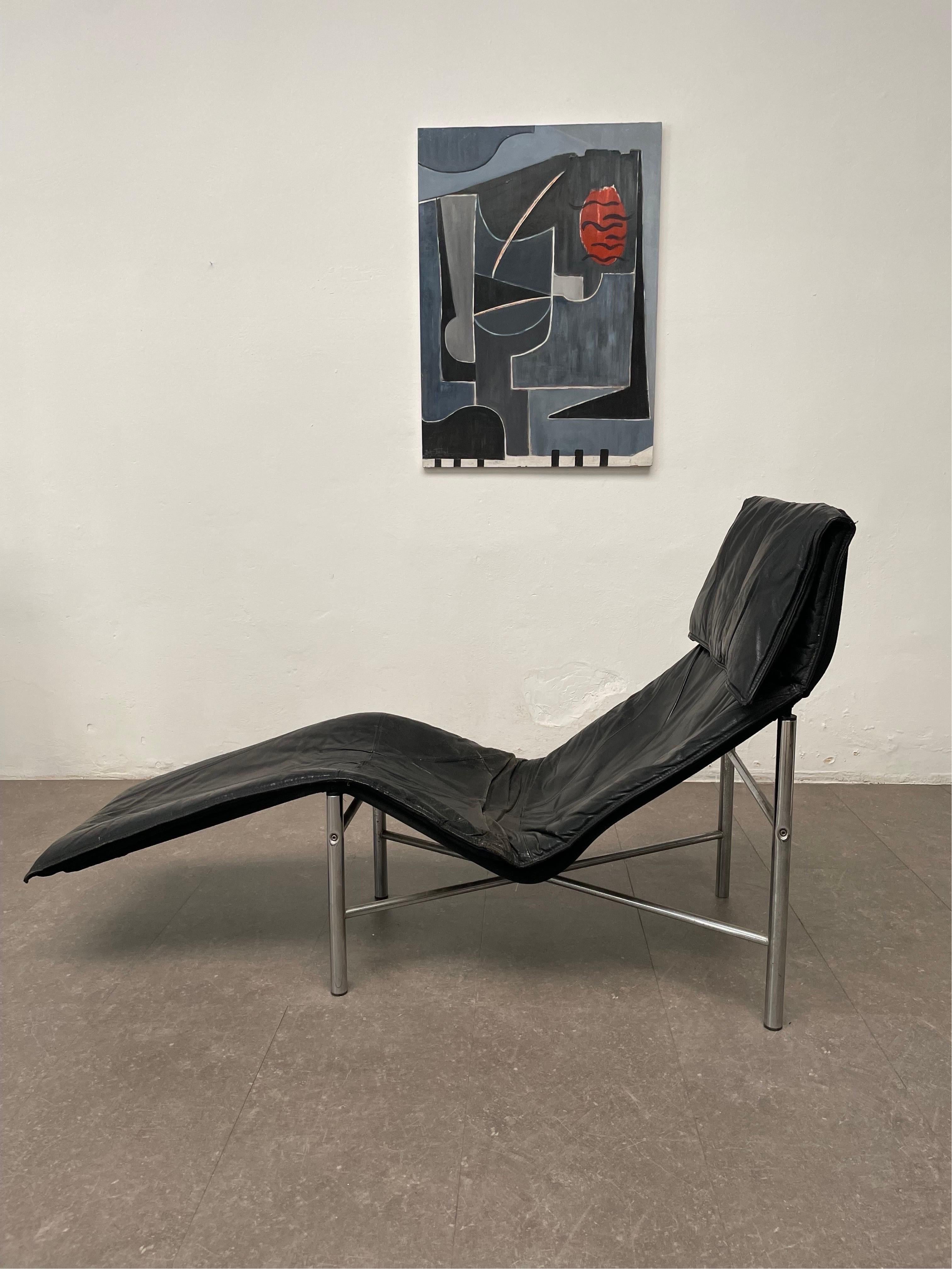 Mid-Century Modern Black Leather ‘Skye’ Chaise Longue by Tord Björklund, Ikea Sweden, 1970s For Sale