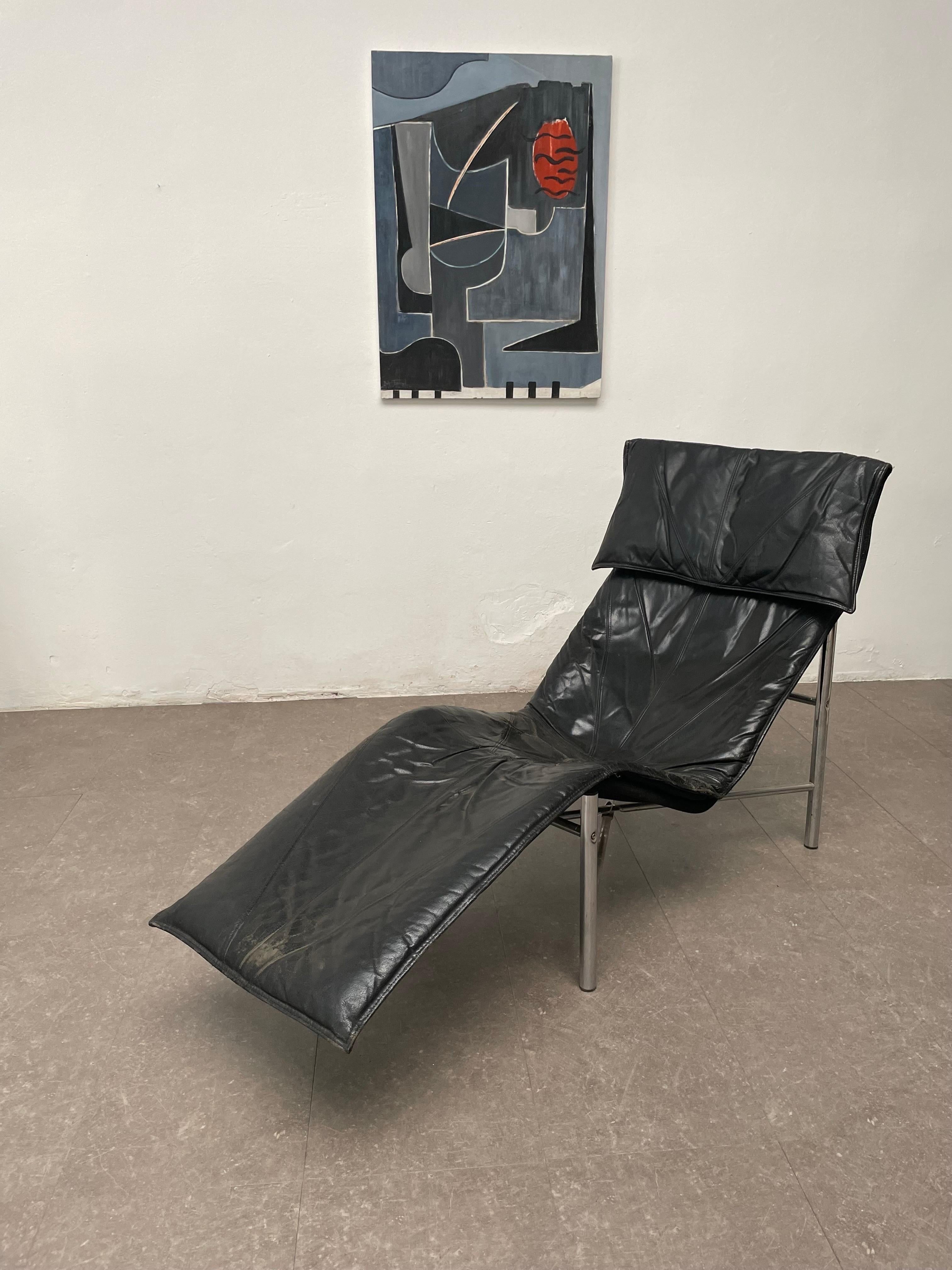 Schwarze Leder-Chaise Longue 'Skye' von Tord Björklund, Ikea Schweden, 1970er Jahre im Zustand „Gut“ im Angebot in Brescia , Brescia