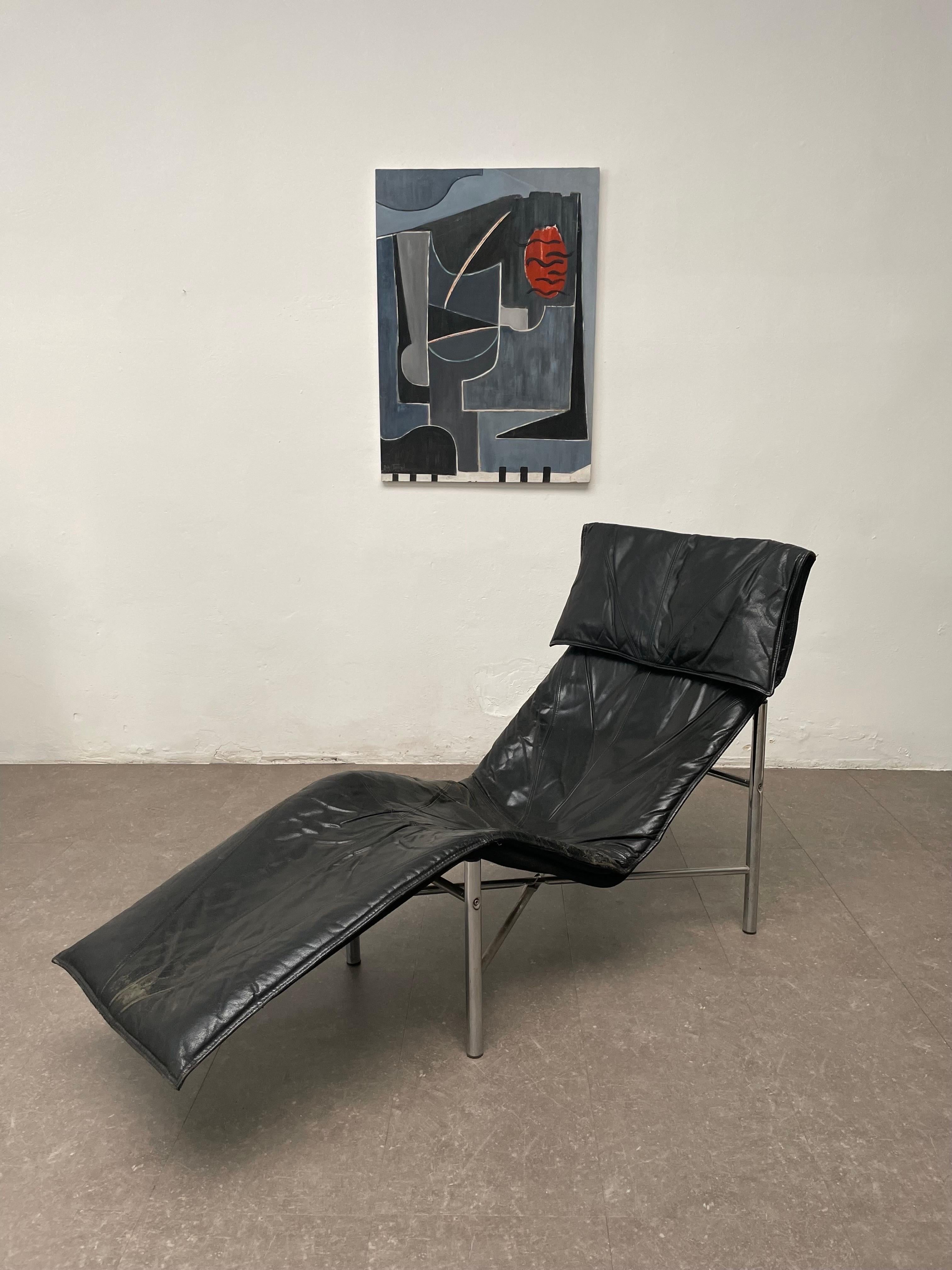 Schwarze Leder-Chaise Longue 'Skye' von Tord Björklund, Ikea Schweden, 1970er Jahre im Angebot 1