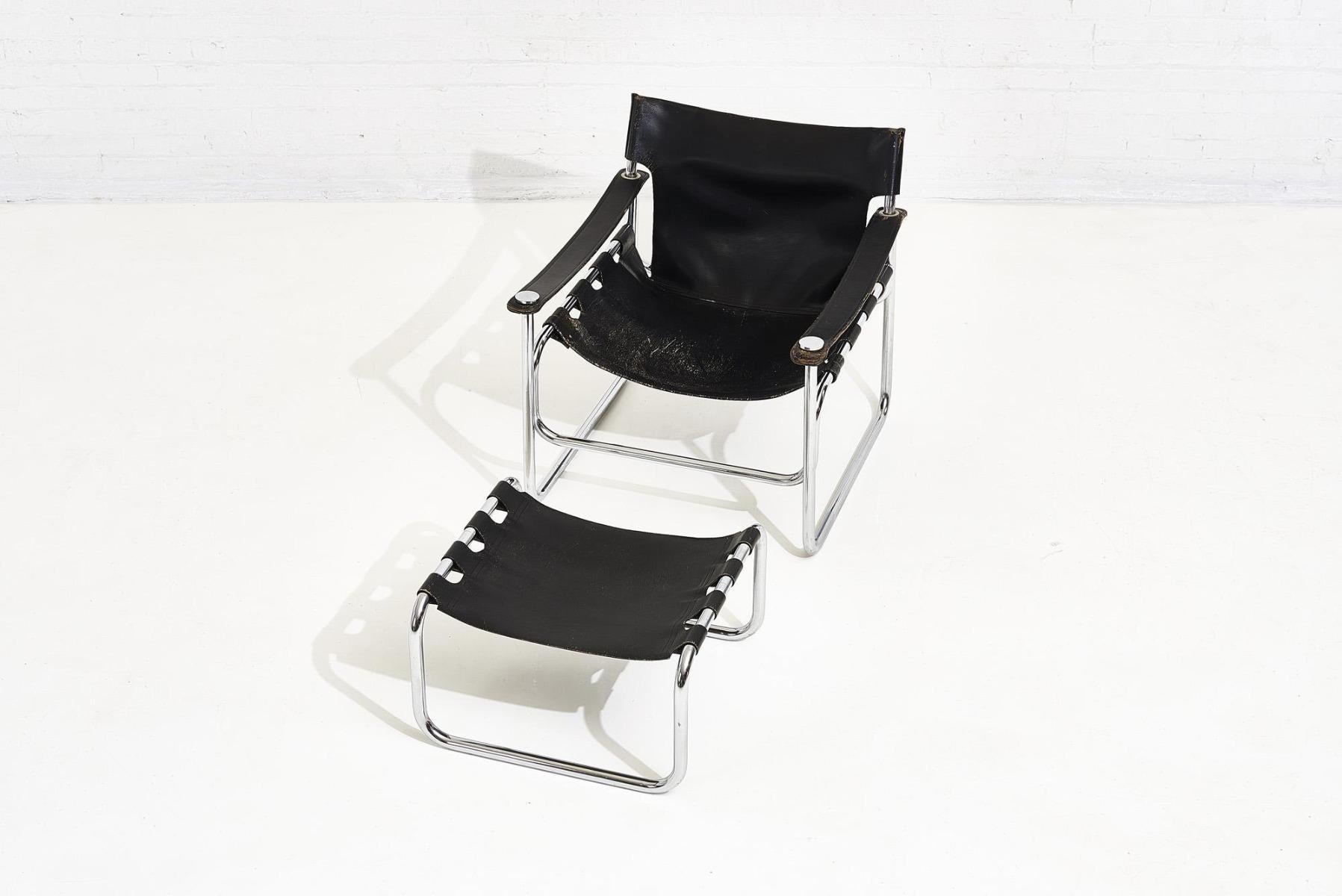 Black leather sling chair and ottoman, 1970. Attributed to Pascal Mourgue.
Dimensions:
26 T
27 W
32 D
12 SH

ottoman
22 W
12 T
22 D.