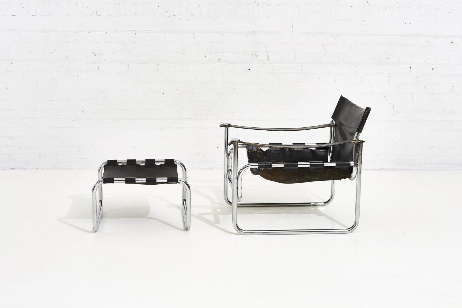 Late 20th Century Black Leather Sling Chair and Ottoman, 1970