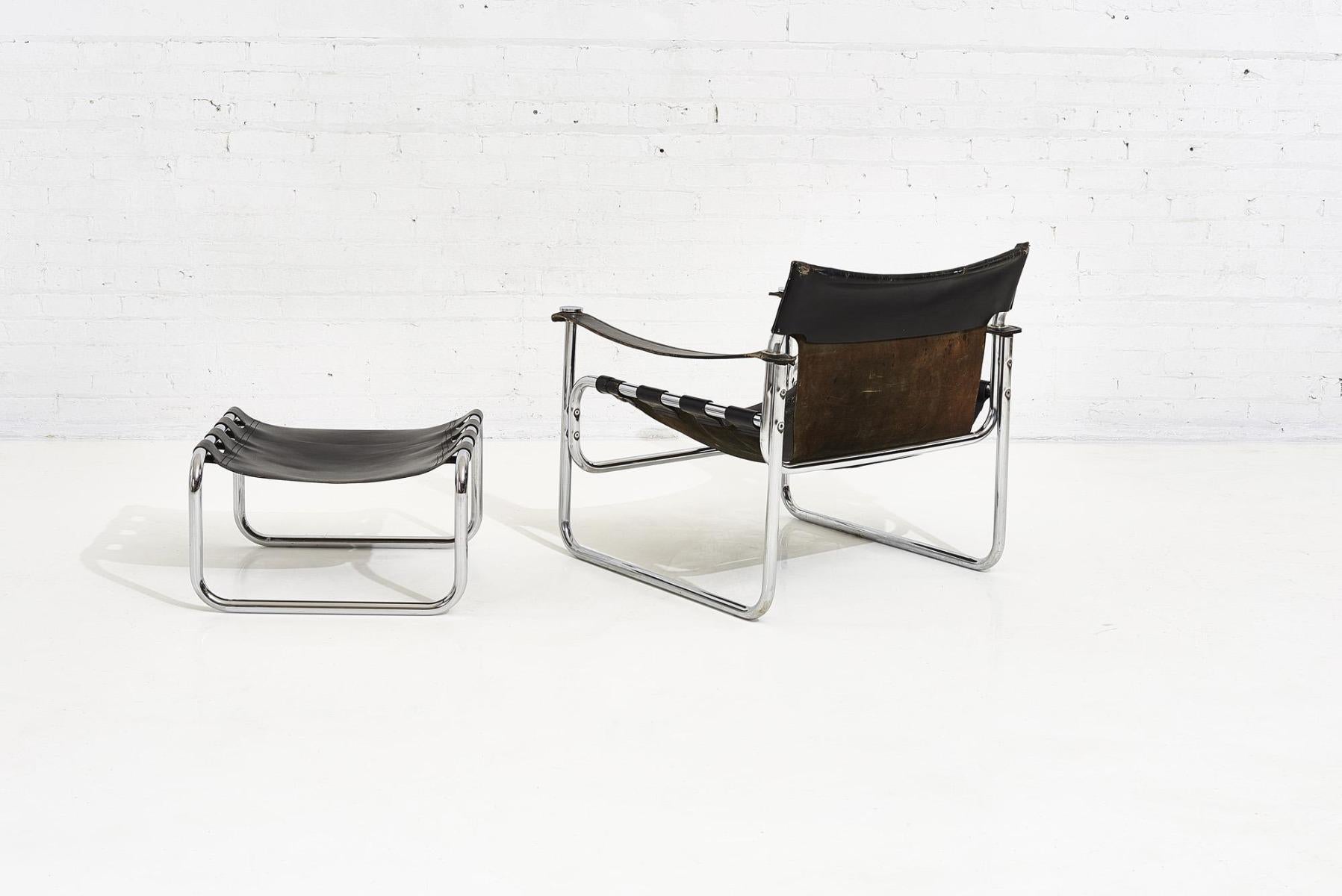 Black Leather Sling Chair and Ottoman, 1970 1