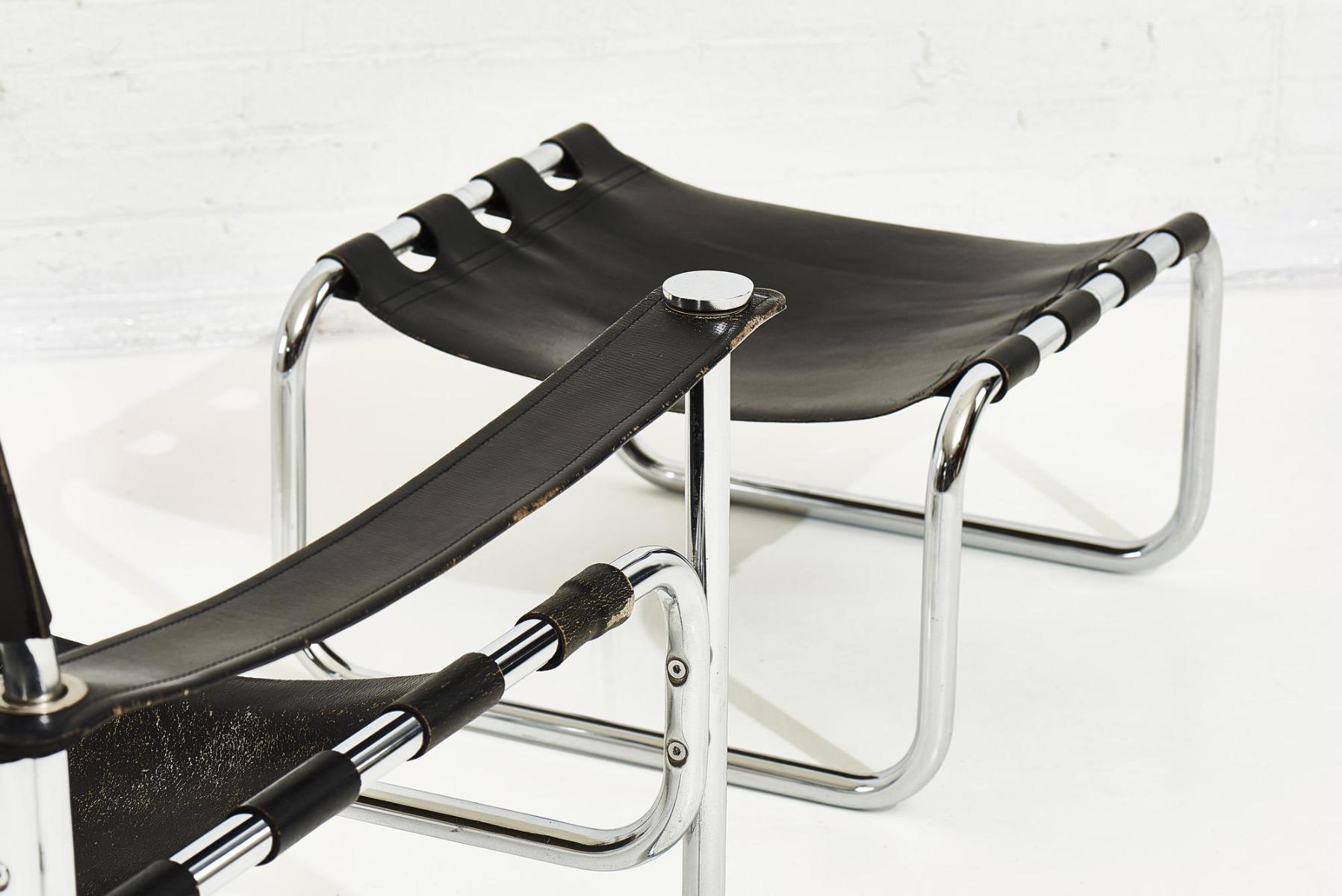 Black Leather Sling Chair and Ottoman, 1970 For Sale 2