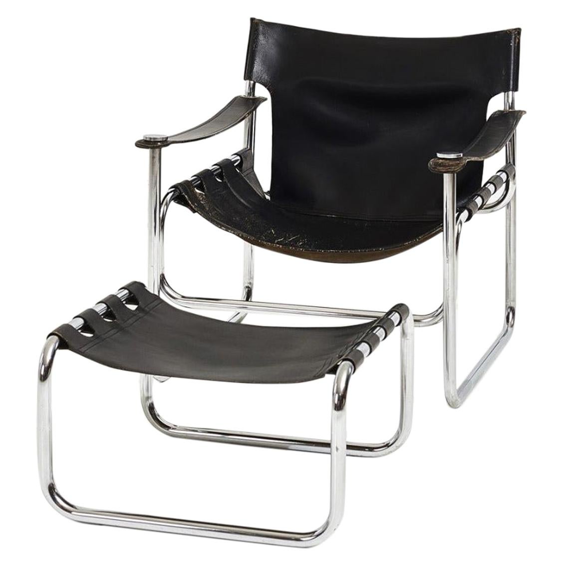 Black Leather Sling Chair and Ottoman, 1970