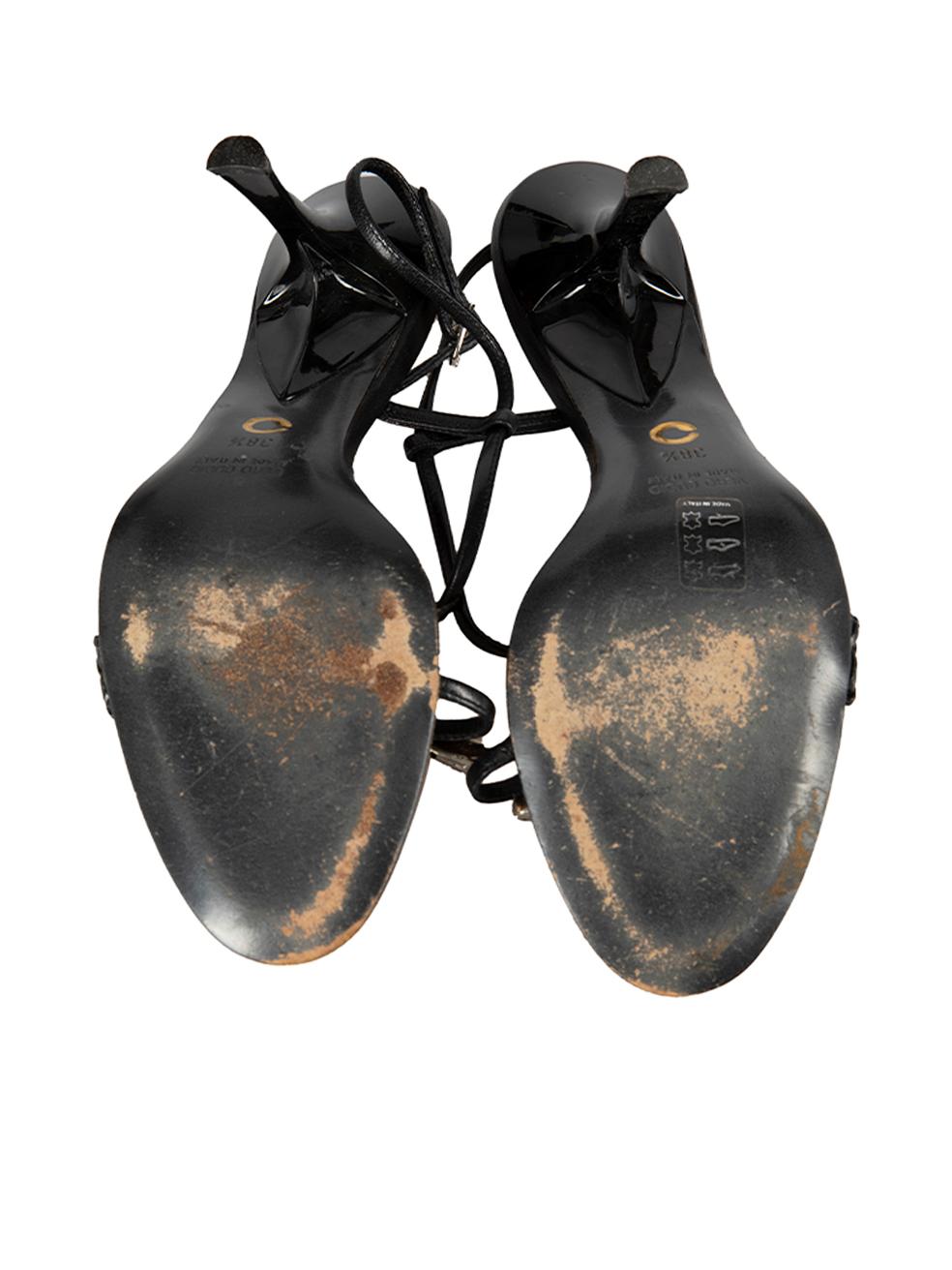 Women's Black Leather Snake Head Strap Heeled Sandals Size IT 38.5