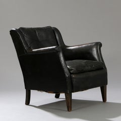 Black Leather Sofa and Armchair Attributed to Frits Henningsen, C1950s