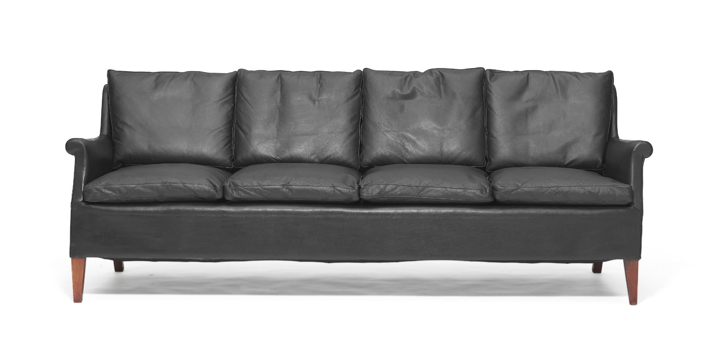 Black Leather Sofa and Armchair Attributed to Frits Henningsen, C1950s In Fair Condition For Sale In London, GB