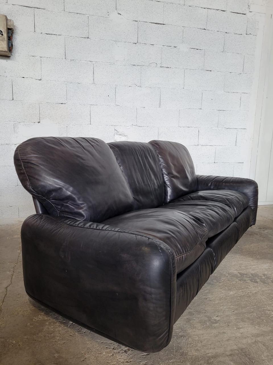 Black Leather Sofa Arrigo Arrigoni Busnelli Edition Piumotto, Model 1970 2