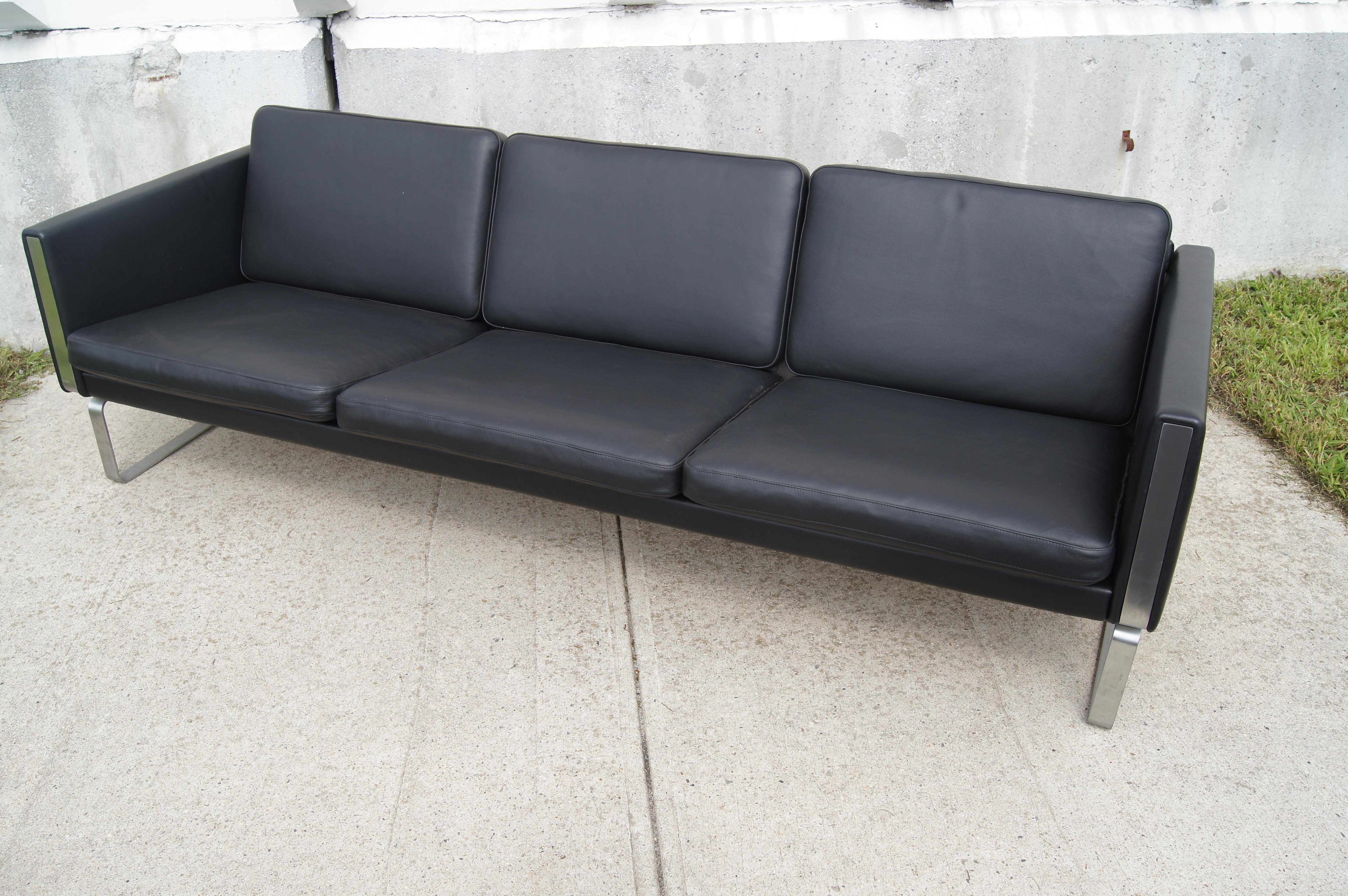 Stainless Steel Black Leather Sofa by Hans Wegner, Model CH103, for Carl Hansen & Son For Sale