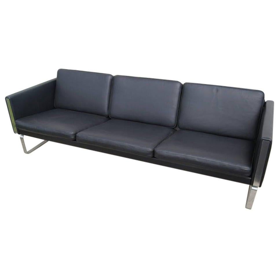 Black Leather Sofa by Hans Wegner, Model CH103, for Carl Hansen & Son