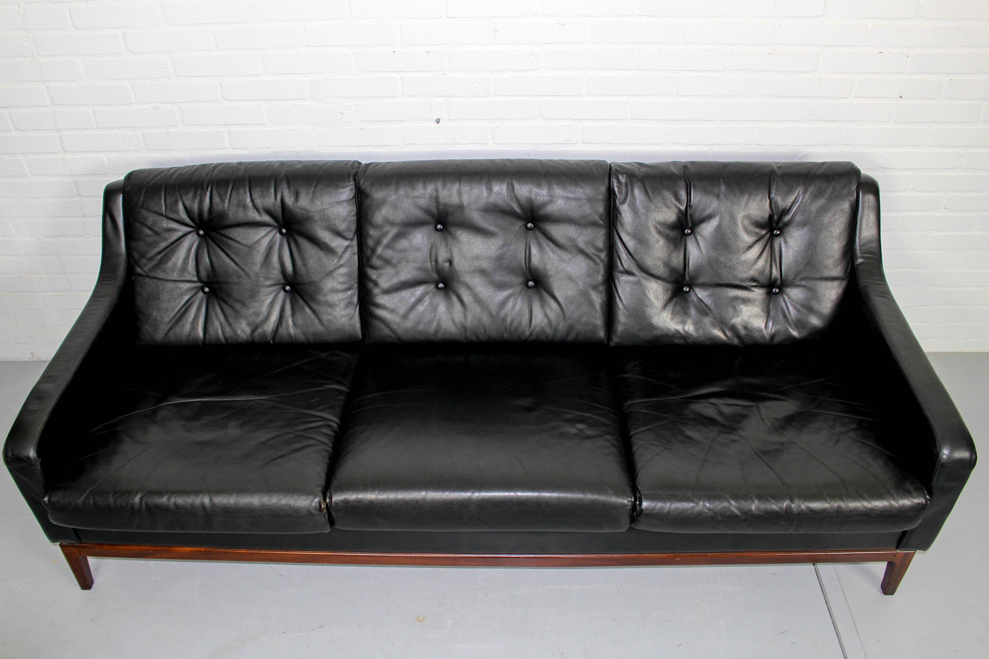 Mid-Century Modern Black Leather Sofa Vintage Retro Teak Mid Century 50s 60s 70s Danish Era