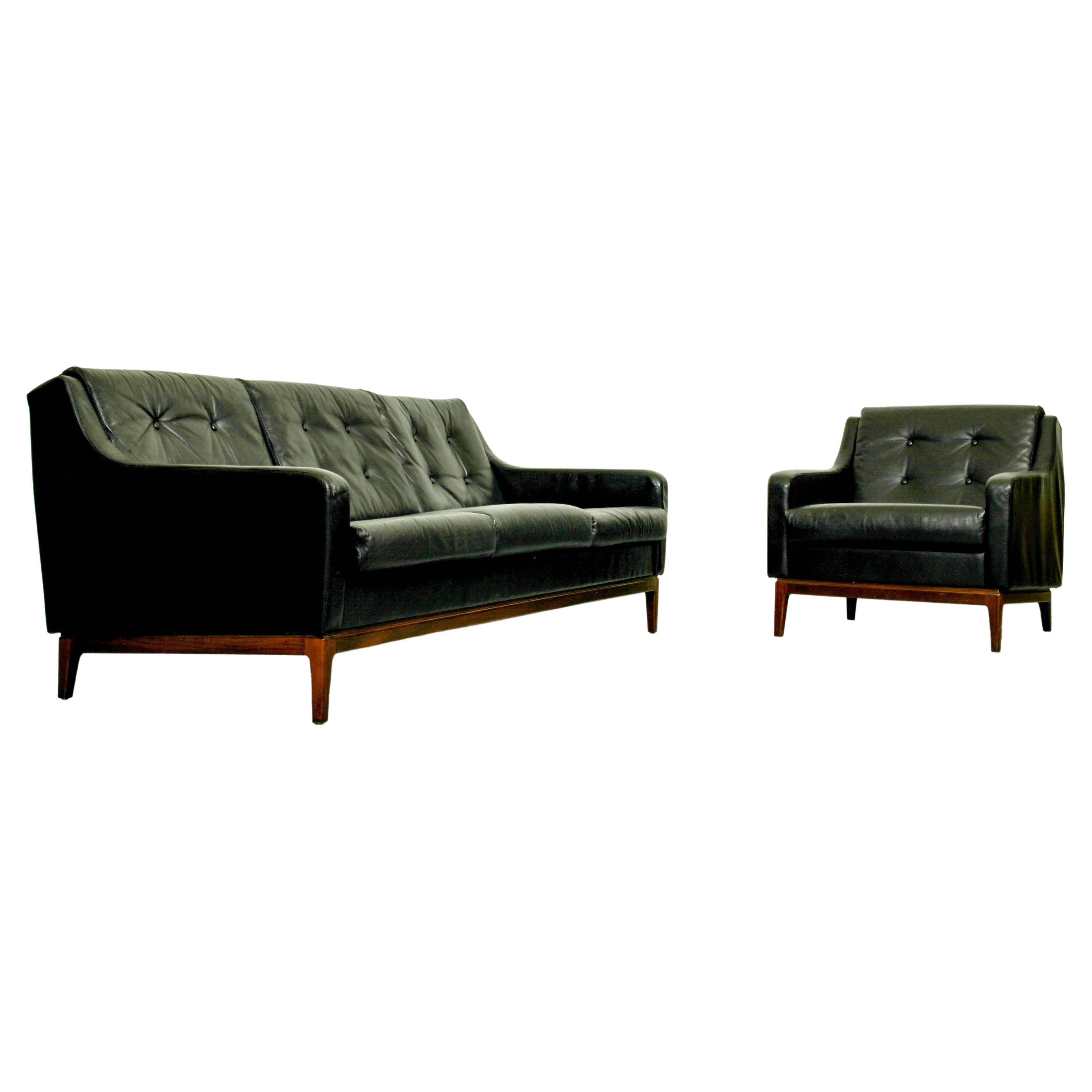 Black Leather Sofa Vintage Retro Teak Mid Century 50s 60s 70s Danish Era