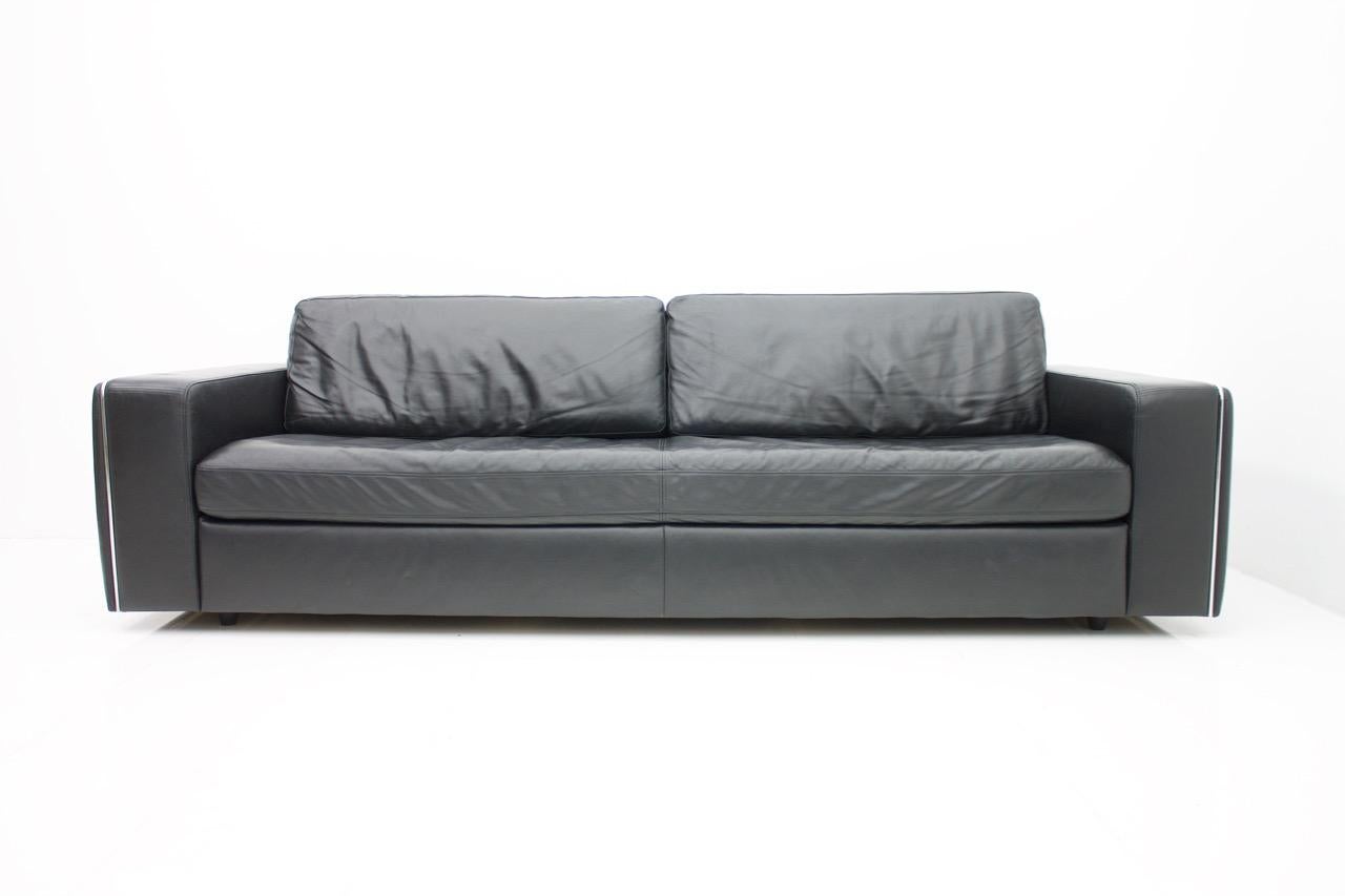 Black Leather Sofa with Chrome Frame, Italy, 1970s (Stahl)
