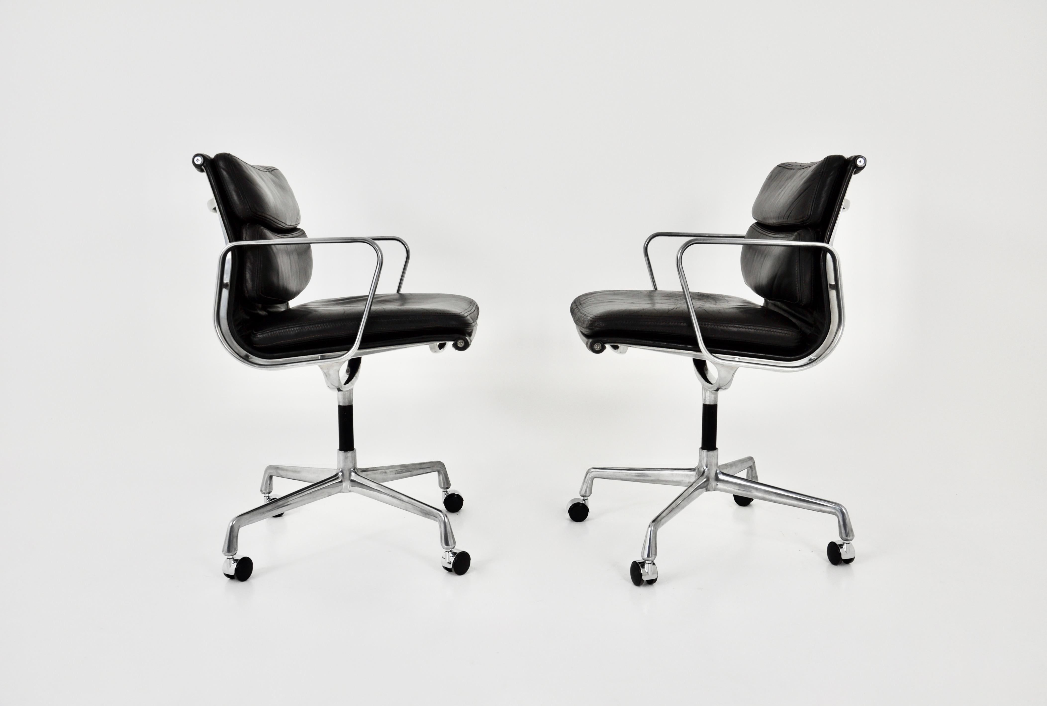 Aluminum Black Leather Soft Pad Chair by Charles and Ray Eames for Icf, 1970s, Set of 2
