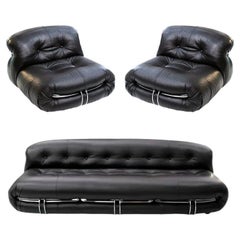 Black Leather Soriana Sofa and 2 Armchairs By Tobia Scarpa for Cassina