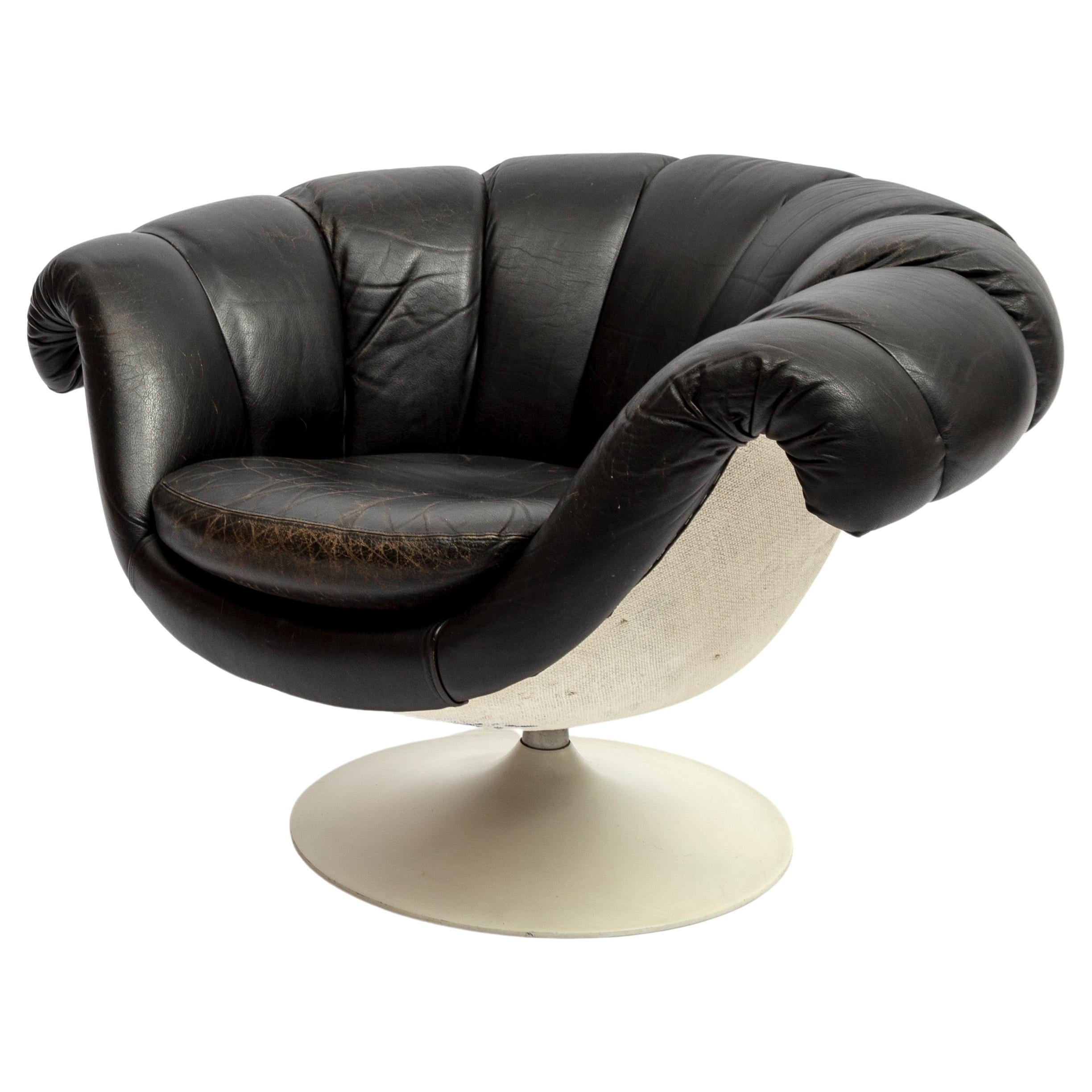 Black Leather Space Age Swivel Chair, 1970s