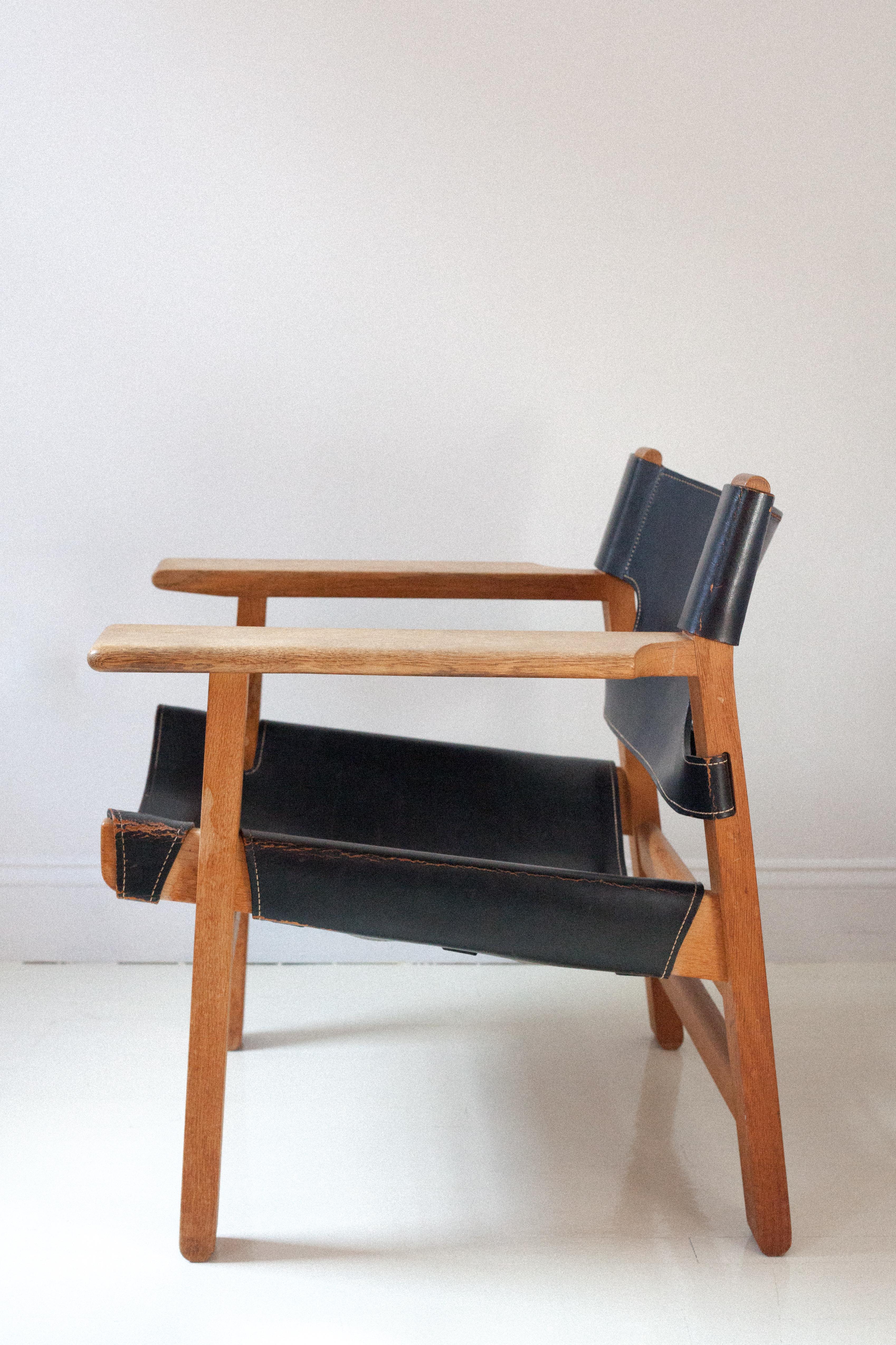 Scandinavian Modern Black Leather Spanish Chair by Børge Mogensen