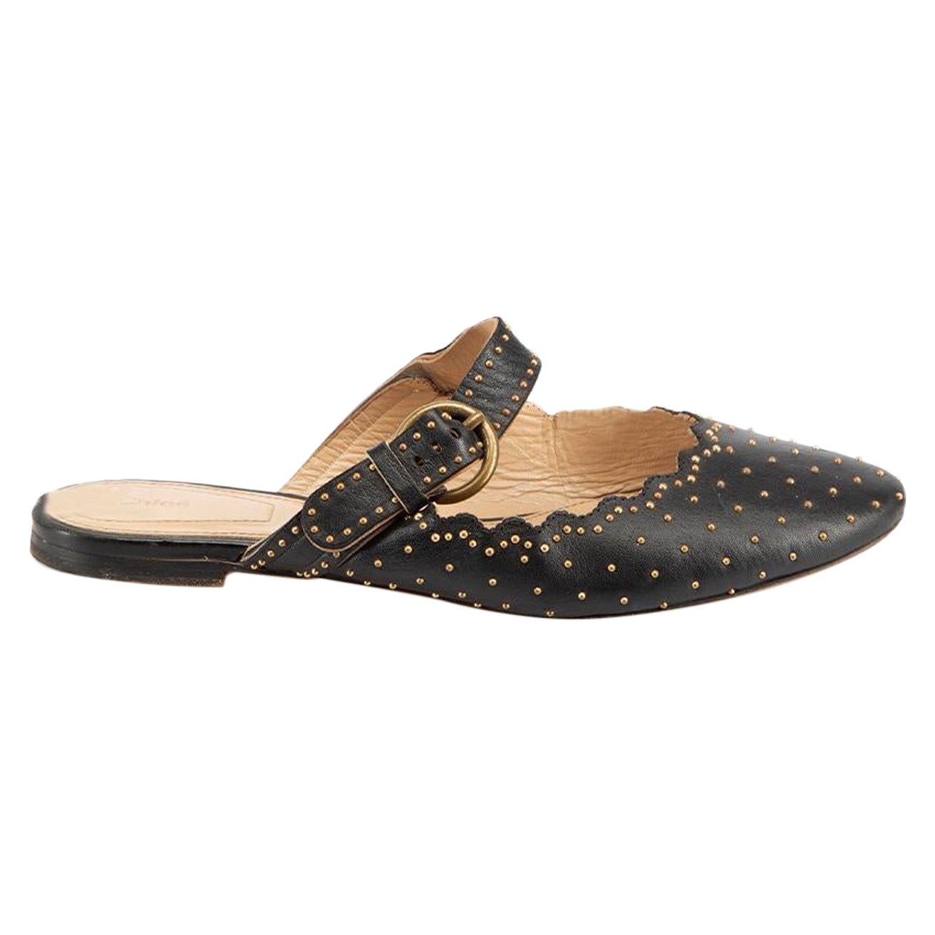 Black Leather Studded Scallop Mules Size IT 36