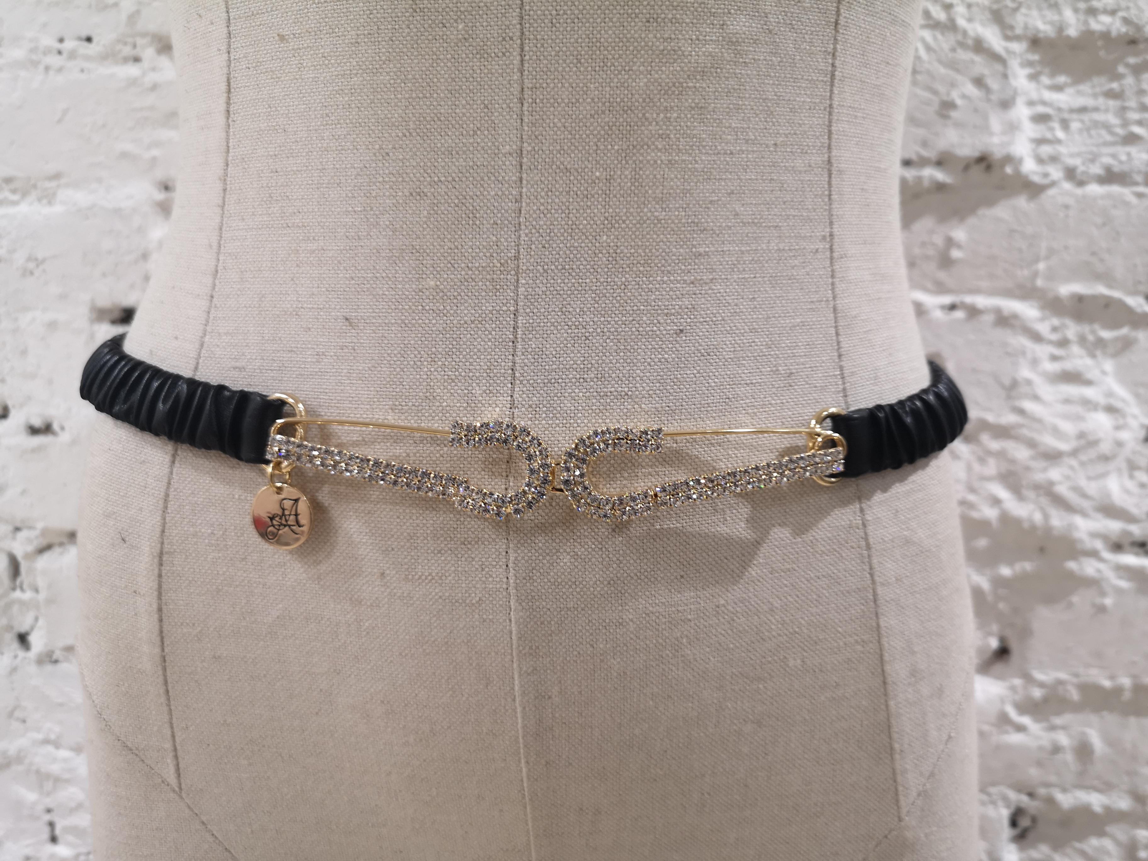Women's Black leather swarovski stone buckle belt