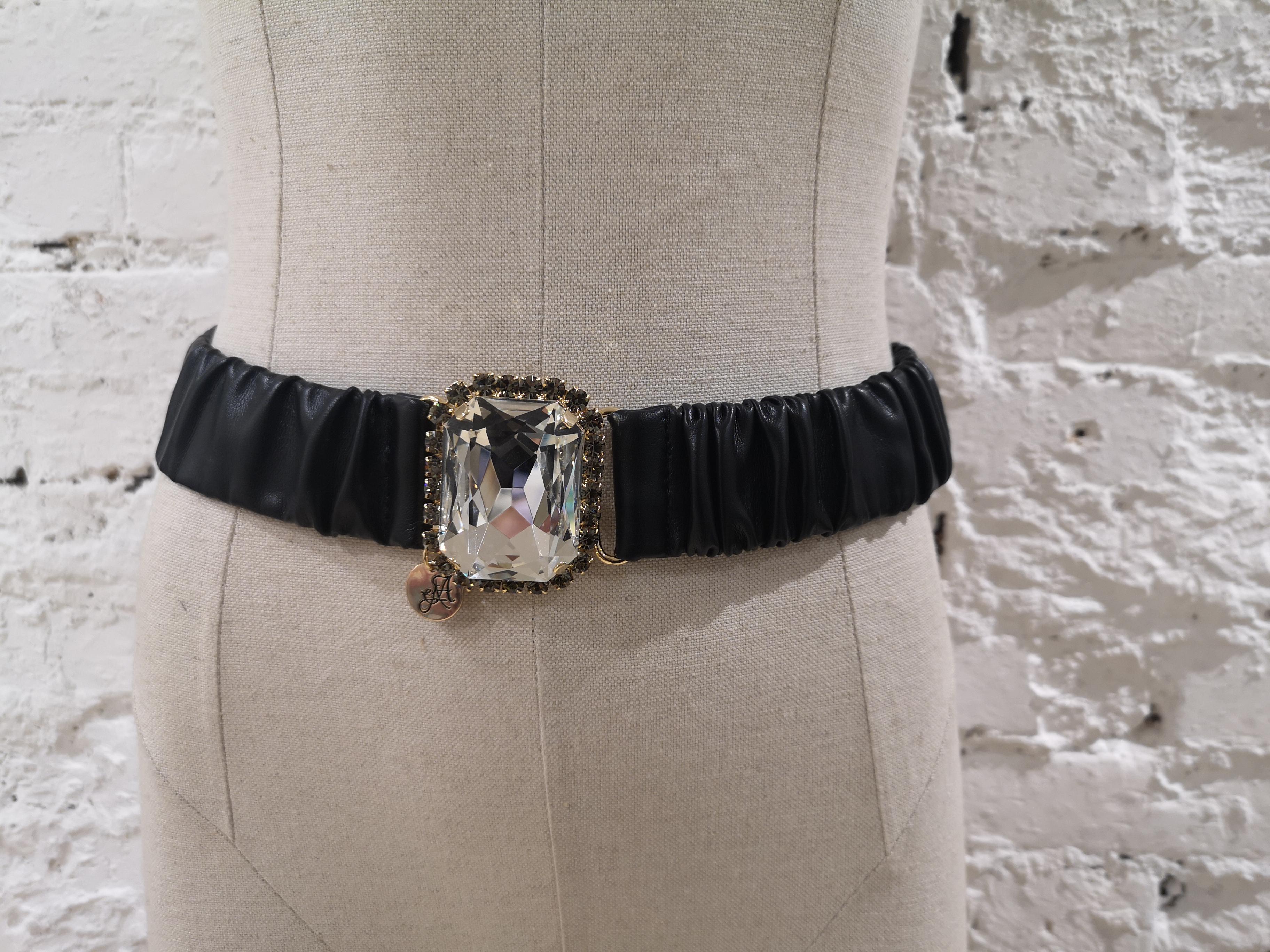 Black leather swarovski stone buckle belt 2