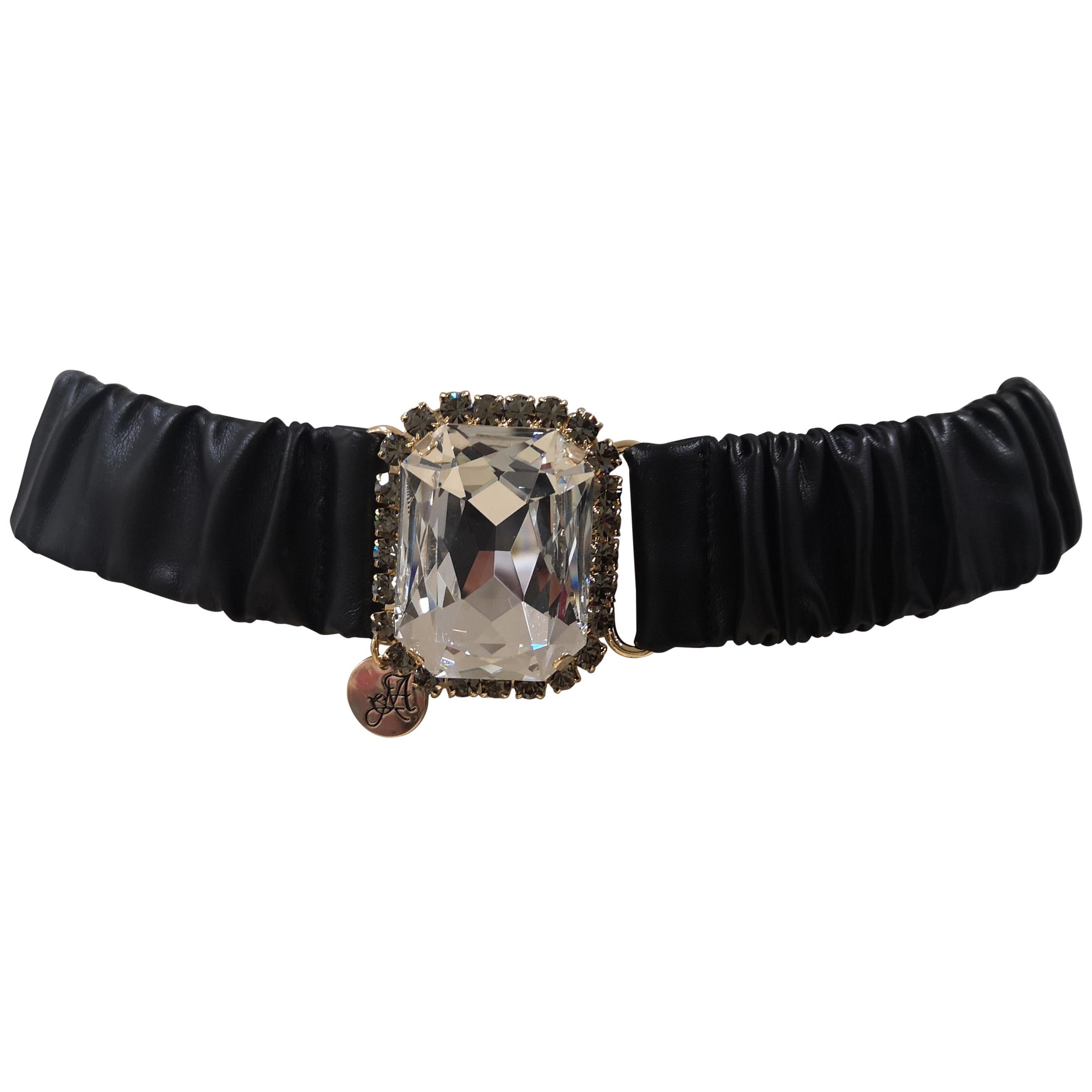 Black leather swarovski stone buckle belt