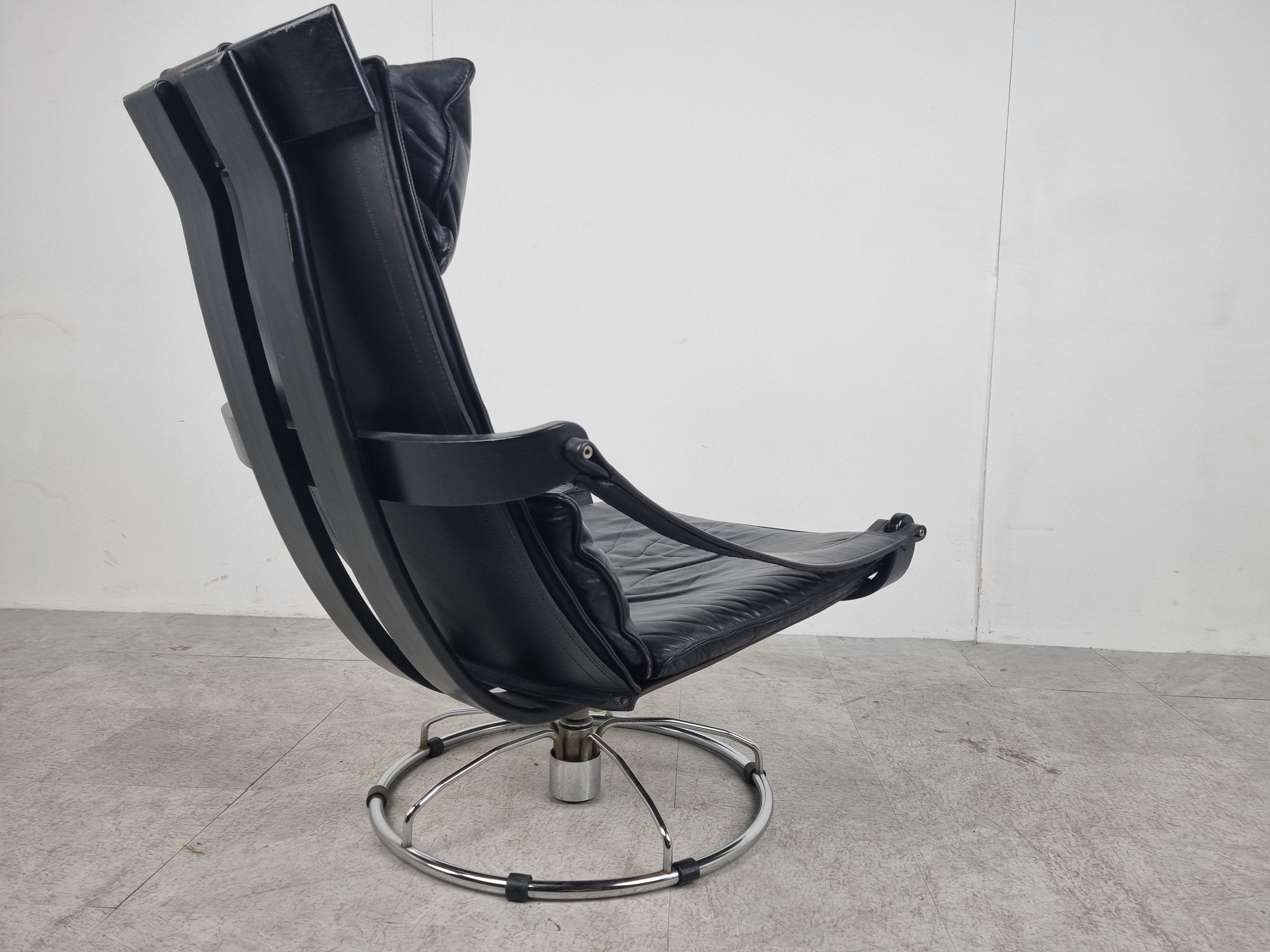 Black leather swivel chair by Ake Fribytter for Nelo Möbel, 1970s For Sale 2