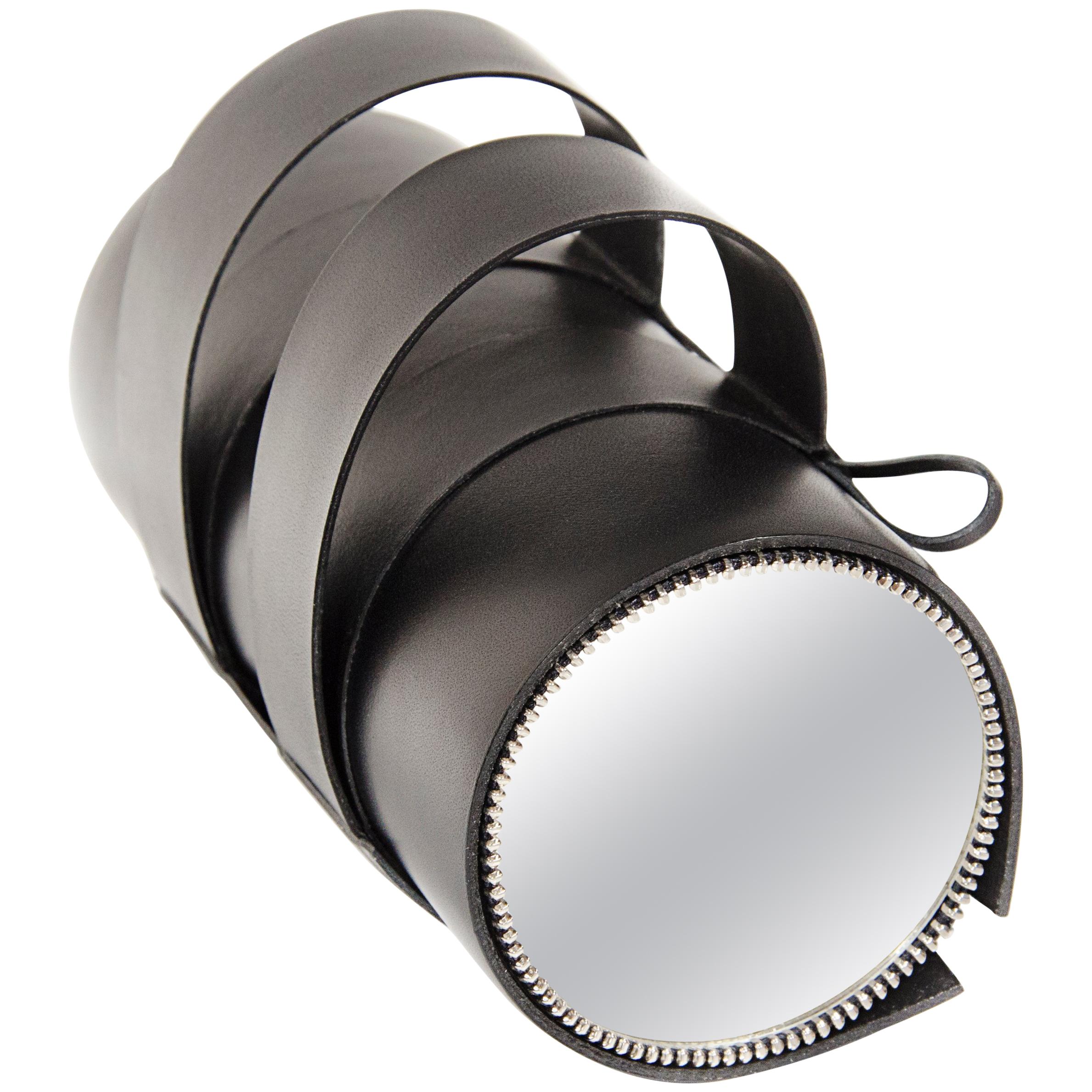 Black Leather Table Mirror, France, 2018