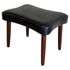Black Leather Teak Ottoman Danish Mid-Century Modern 1960s