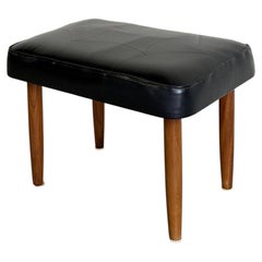 Black Leather Teak Ottoman Stool Padded Footstool Mid-Century Modern 1960s