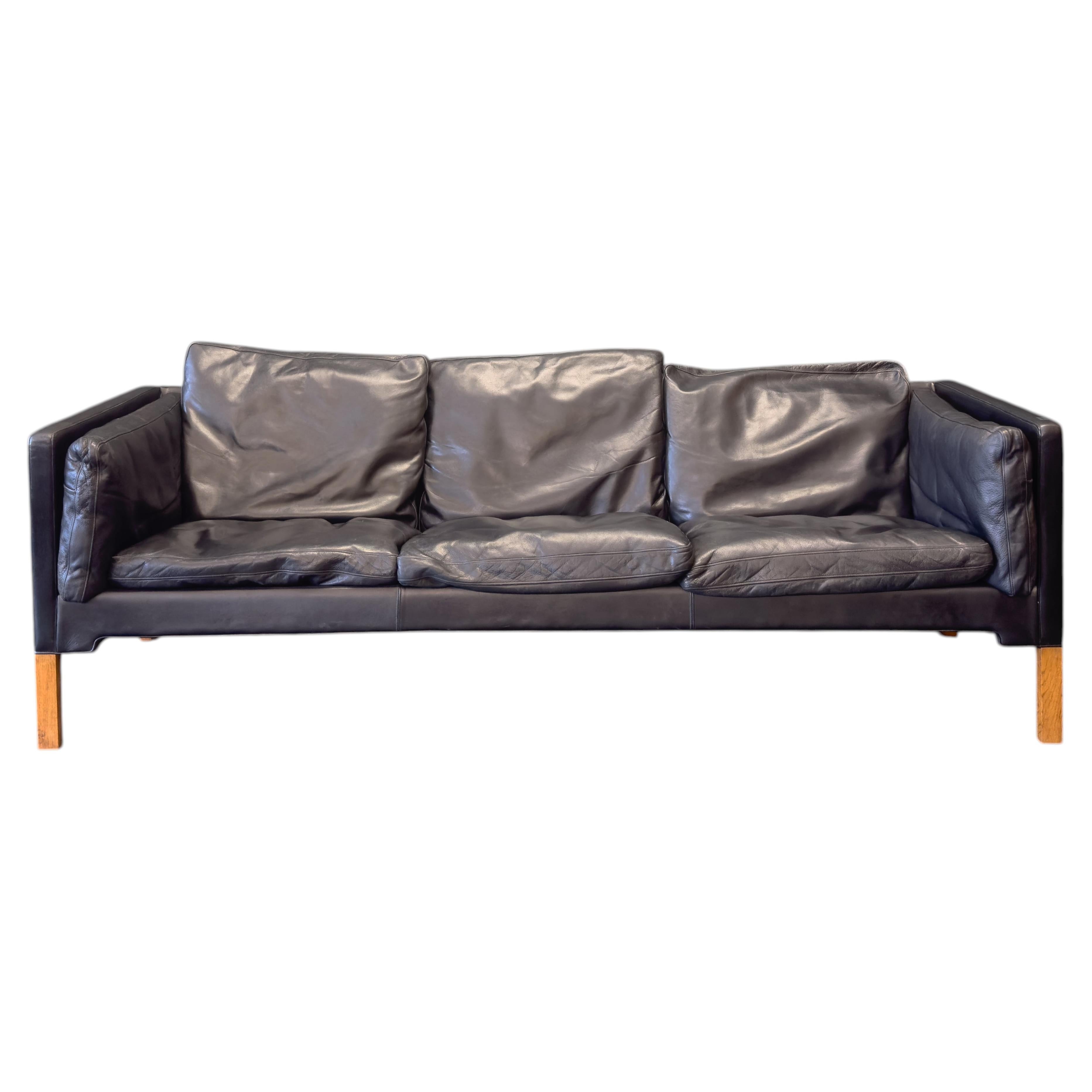 Black Leather Three-Seater Sofa For Sale