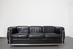 Black Leather Three Seater Sofa LC2 by Le Corbusier for Cassina, c.1980