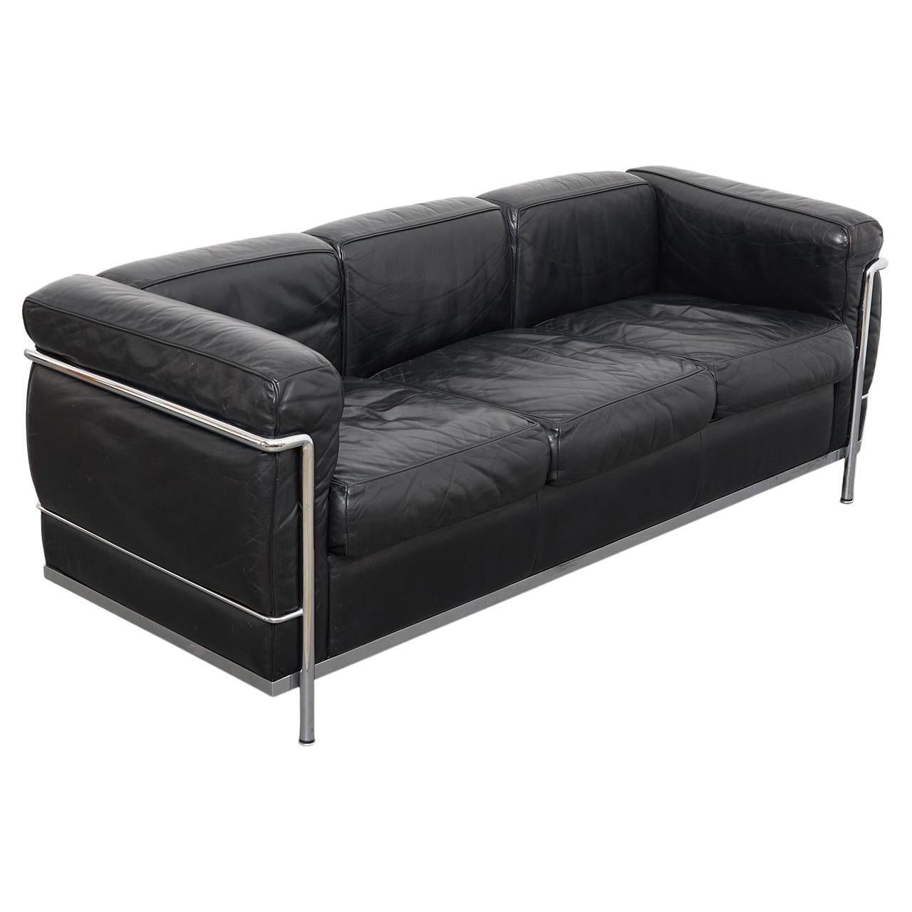 Black Leather Three Seater Sofa LC2 by Le Corbusier for Cassina, c.1980