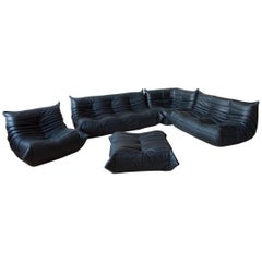 Black Leather Togo Living Room Set by Michel Ducaroy for Ligne Roset, 1970s