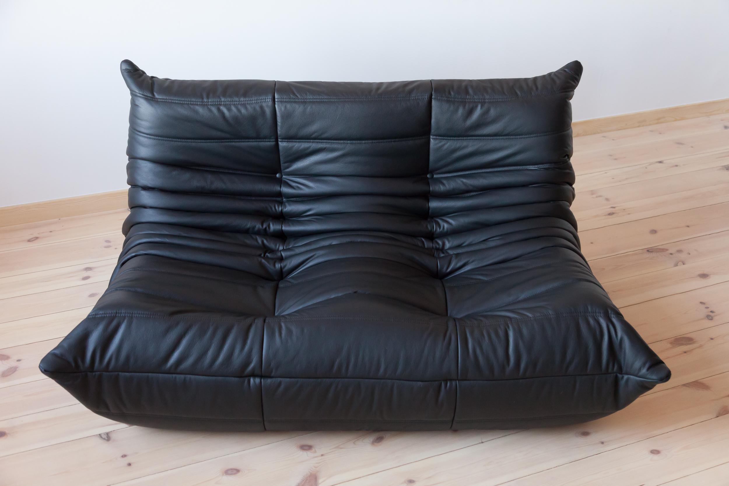 Black Leather Togo Living Room Set by Michel Ducaroy for Ligne Roset For Sale 1