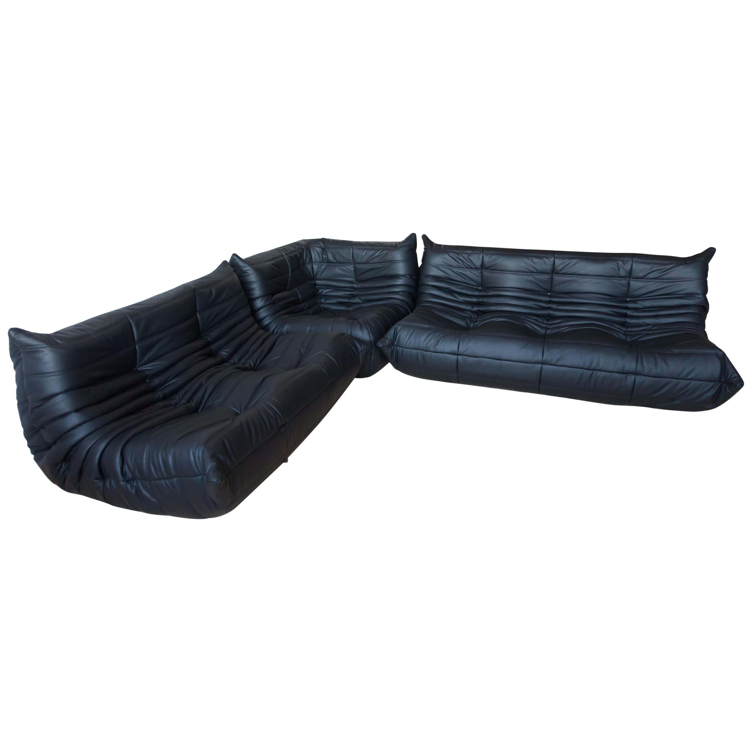 Black Leather Togo Living Room Set by Michel Ducaroy for Ligne Roset For Sale