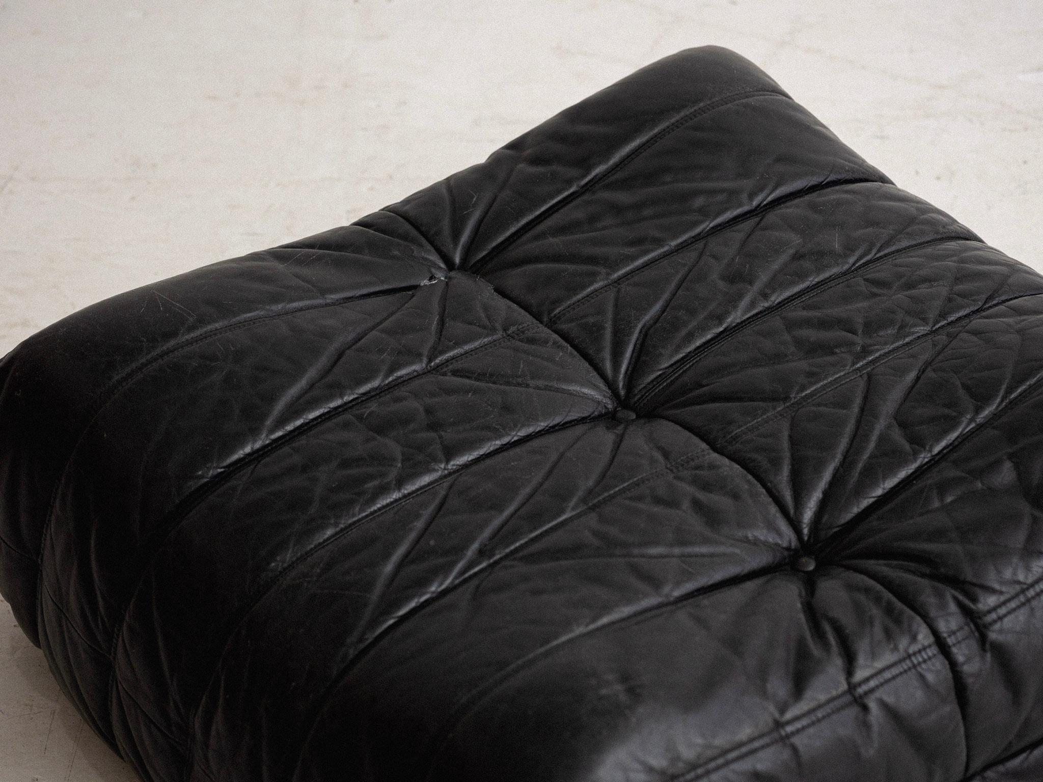 Minimalist Black Leather 'Togo' Ottoman by Michel Ducaroy for Ligne Roset